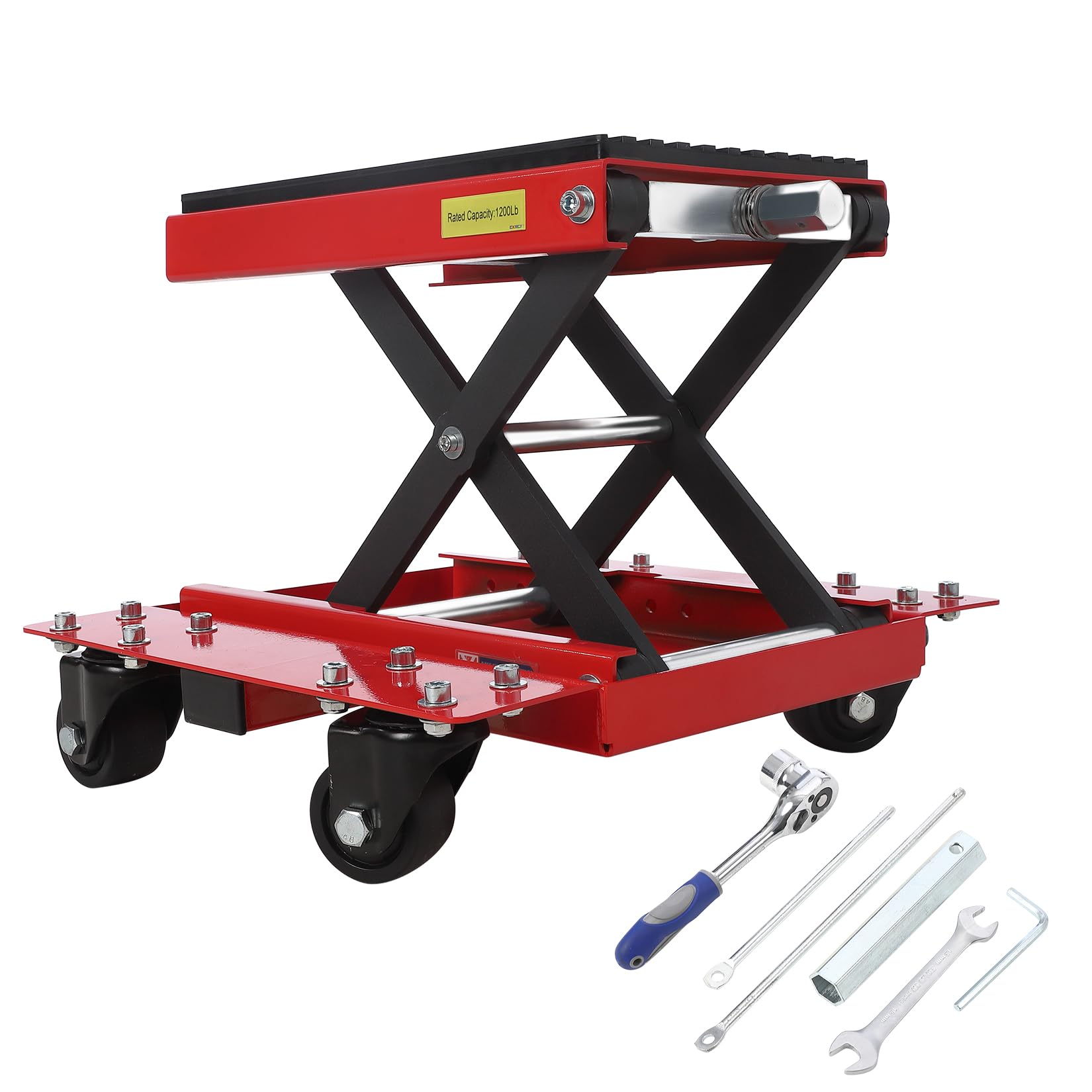 Cric Idraulico a Forbice per Moto 1200 lbs – Sollevatore Professionale con Piattaforma Larga – Ruote e Carrello – per Moto Cross, ATV, Cruiser – Chiave a cricchetto – Tappetino in Gomma –