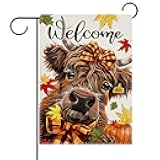 Dyrenson Welcome Fall Highland Cow Decorative Garden Flag, Autumn Farm Maple Leaves Pumpkin Yard Outside Home Decoration, Farmhouse Bow Burlap Outdoor Small Decor Double Sided 12 x 18