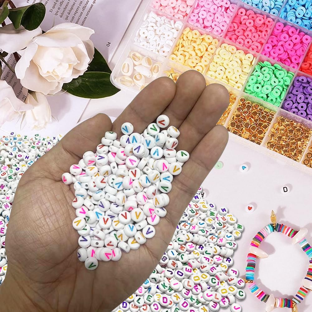 500PCS 4x7mm Acrylic Letter Beads V for Friendship Bracelets Jewelry Making White Flat Round Acrylic with Colourful Alphabet Beads for DIY Crafts Bracelets Necklaces Key Chains Phone Lanyard - Image 3