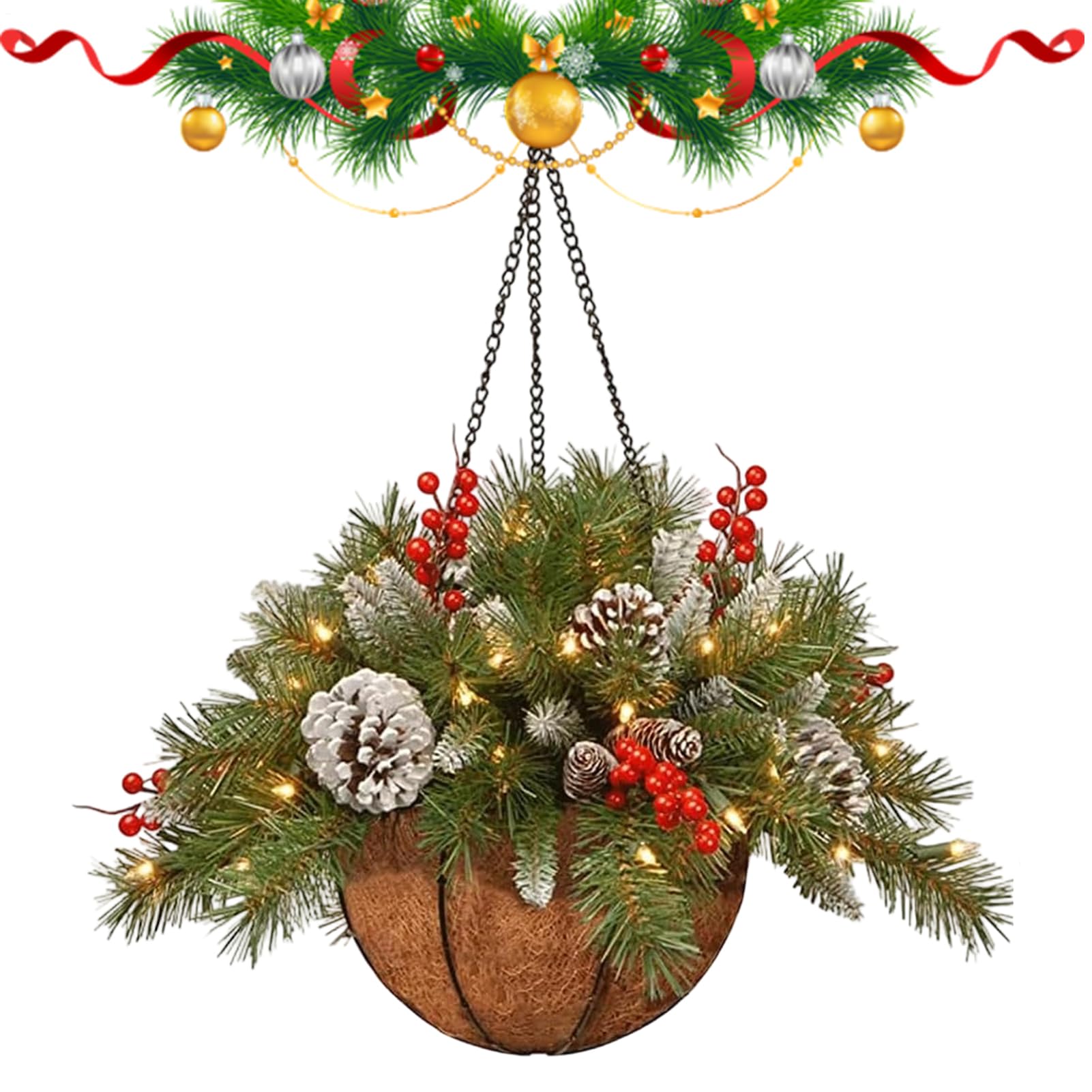 Panier de Noël avec pommes de pin pour illuminer votre terrasse en fête