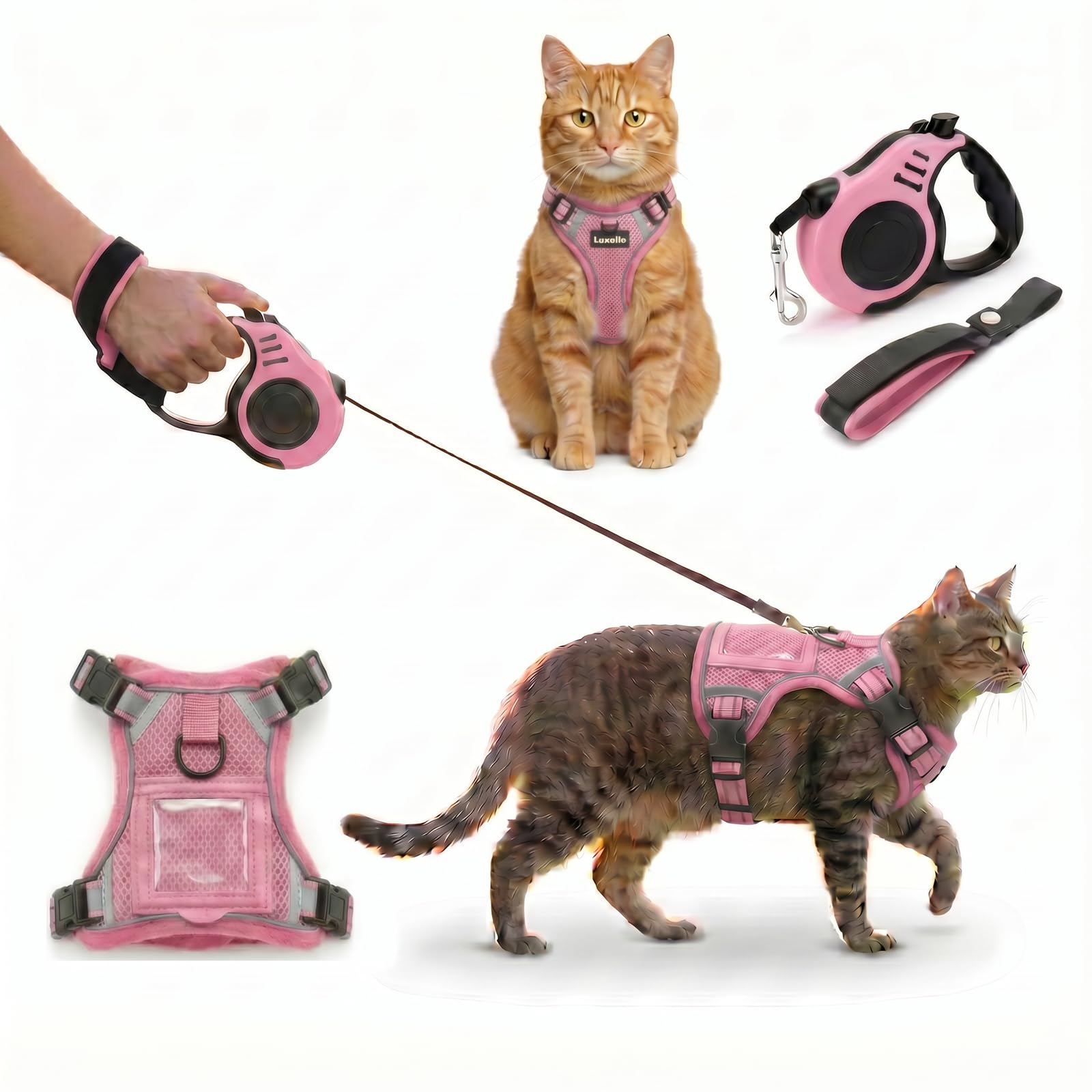 Luxelle Escape-Proof Cat Harness and Leash Set – Adjustable No Pull Soft Vest with 360° Reflective Straps, Built-in Pocket & Wrist Strap, Breathable Mesh Outdoo