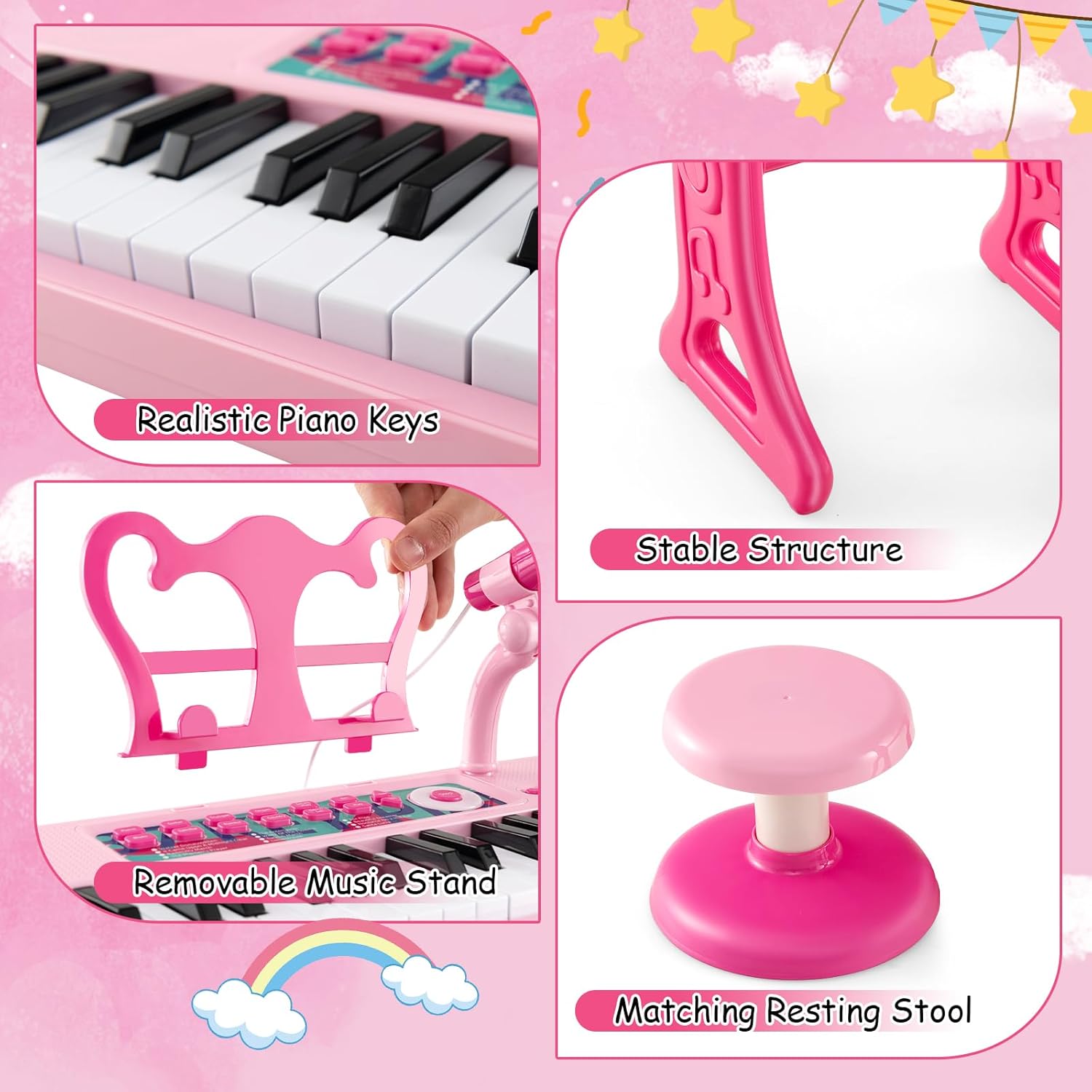 Honey Joy Kids Pink Keyboard Piano with Music Stand & Bench, Toy Baby Grand Piano with Microphone, Portable Electronic Educational Musical Instrument for Toddlers