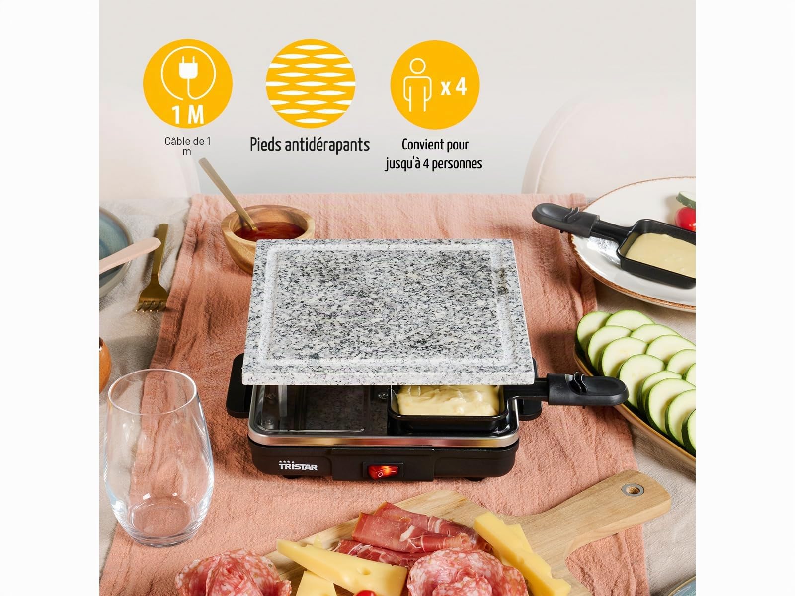 Raclette avec plaque en pierre 21 x 21 cm pour 4 personnes - Barbecue en pierre 600 W