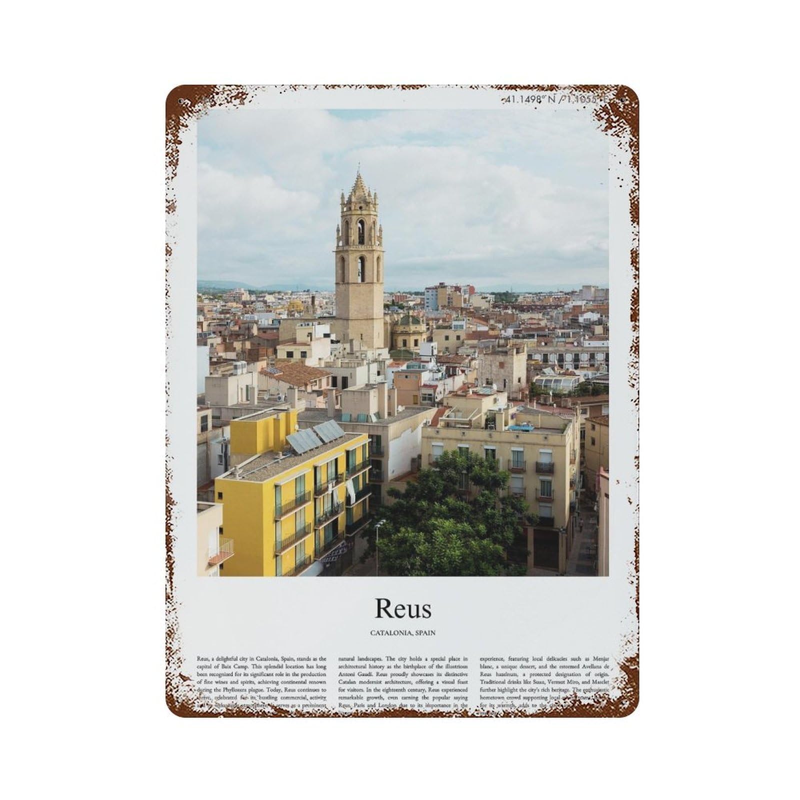 xiaoxiaoshen Reus Catalonia, Spain City Scenery Wall Decor Art Metal Tin Poster Modern Home Decor Art Home Bar Shop Decorations Vintage Sign 40x30cm