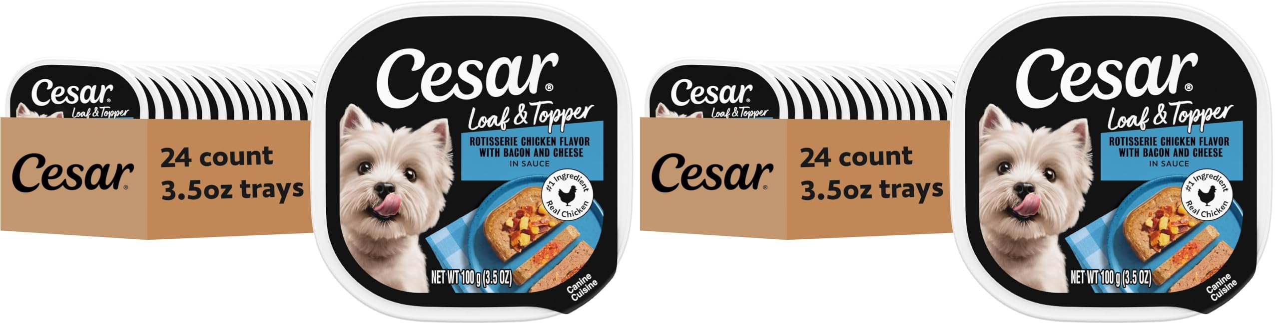 Cesar Loaf &amp; Topper in Sauce Wet Dog Food, Rotisserie Chicken Flavor with Bacon &amp; Cheese, Wet Food for Dogs, 3.5 oz Easy Peel Trays, 24 Count (Pack of 2)