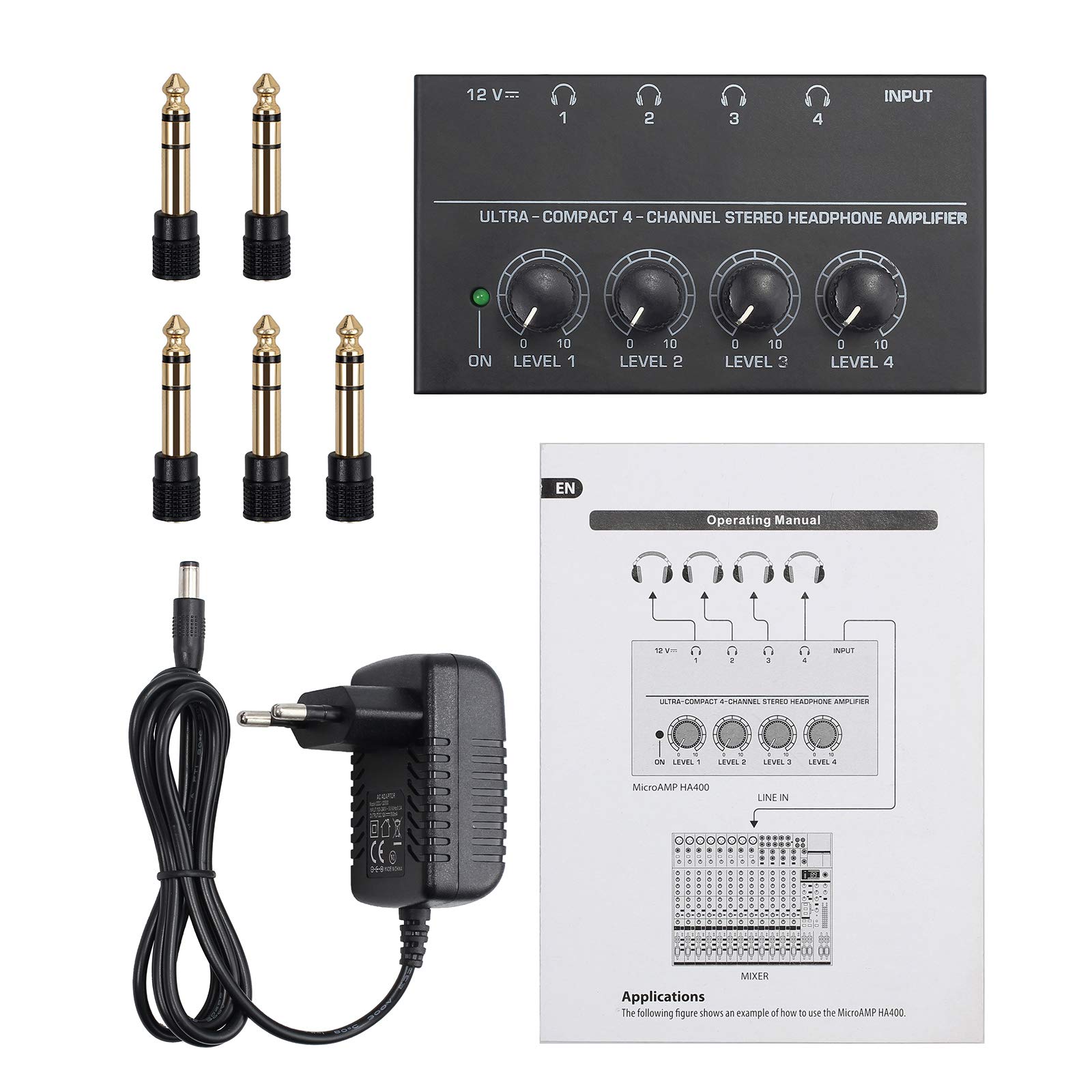 Neoteck HA400 Ampli Casque 4 canaux Ampli Casque stéréo Ultra Compact avec Adaptateur 5pcs 6.3mm (1/4 Pouce) à 3.5mm (1/8 Pouce) et Adaptateur Secteur
