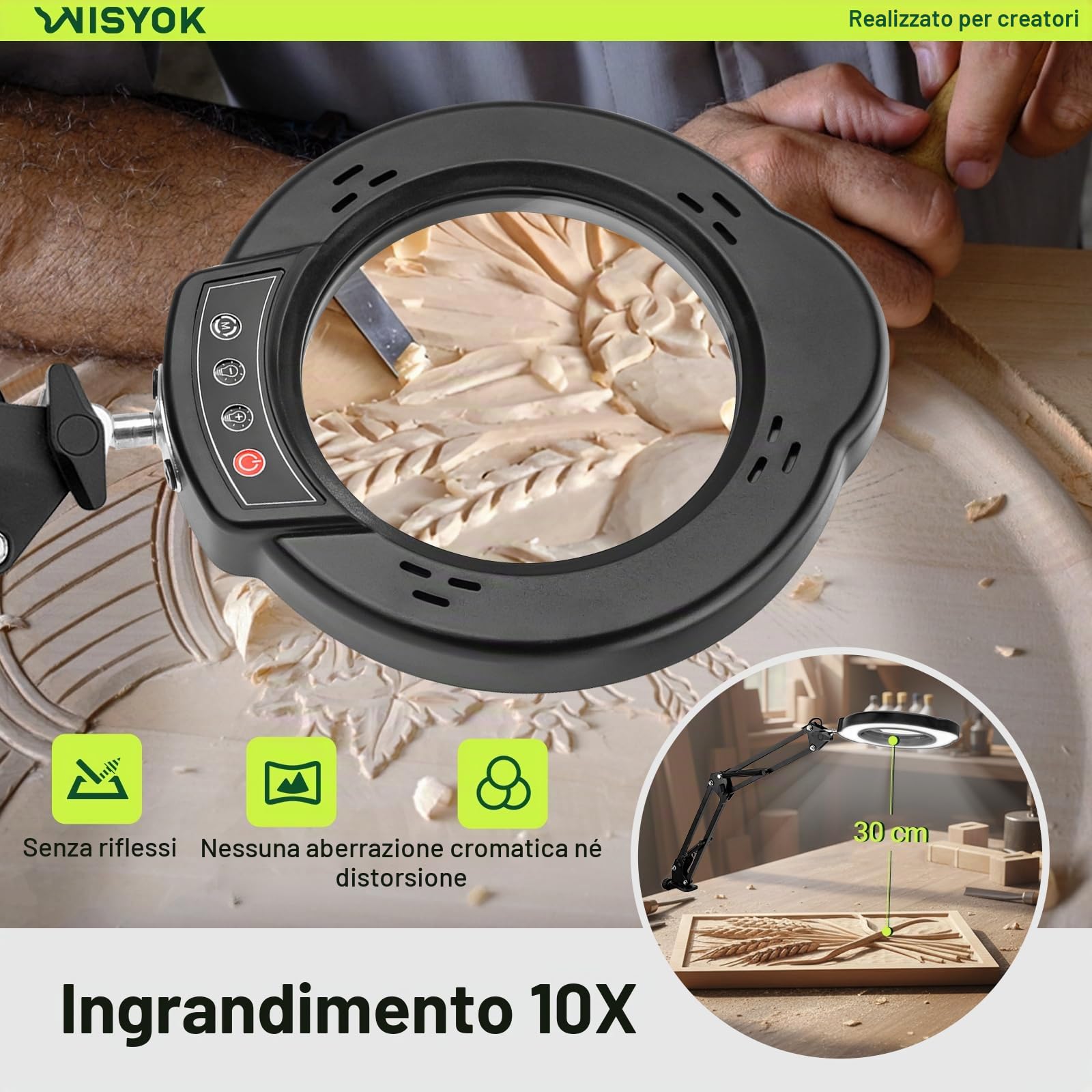 WISYOK Lente Ingrandimento con Luce, 10x LED, Base e Braccio Orientabile