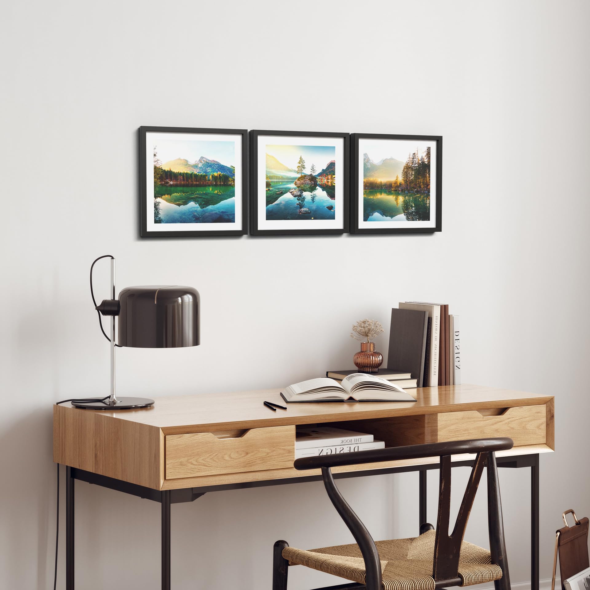 STYLER Bilder Set Landscape 3x 30x30 cm (AUFHÄNGFERTIG) mit hochwertigem schwarzem Rahmen - Natürliche Schönheit für Ihr Zuhause - Inspirierende Landschaften - Natur See Wald Berge