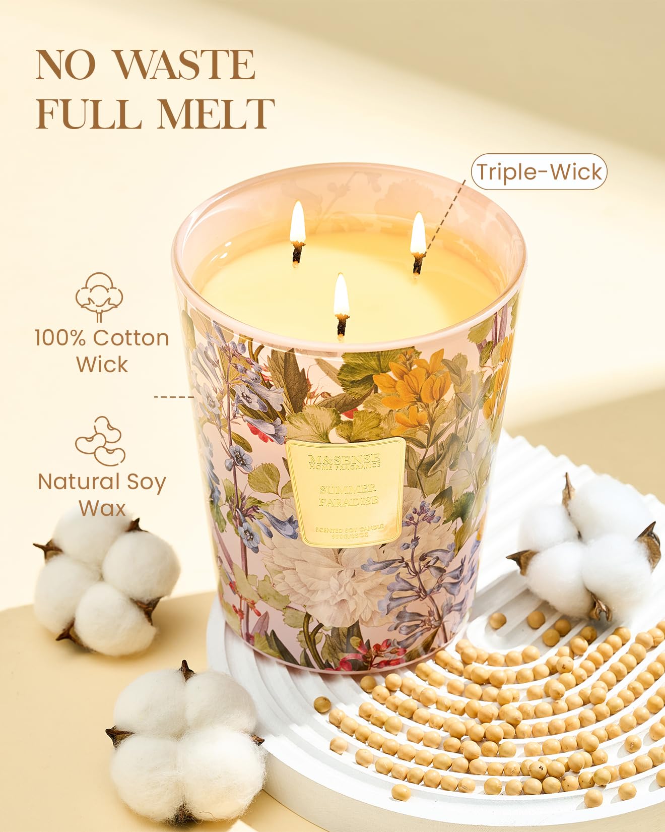 M&SENSE Summer Paradise Vela aromática en tarro de 990 g, cera de soja natural con 3 mechas, 150 horas de combustión, no tóxica, aroma cítrico de verano, vela de aromaterapia para aliviar el estrés y | 150 horas de combustión, no tóxico, cristal grande, c