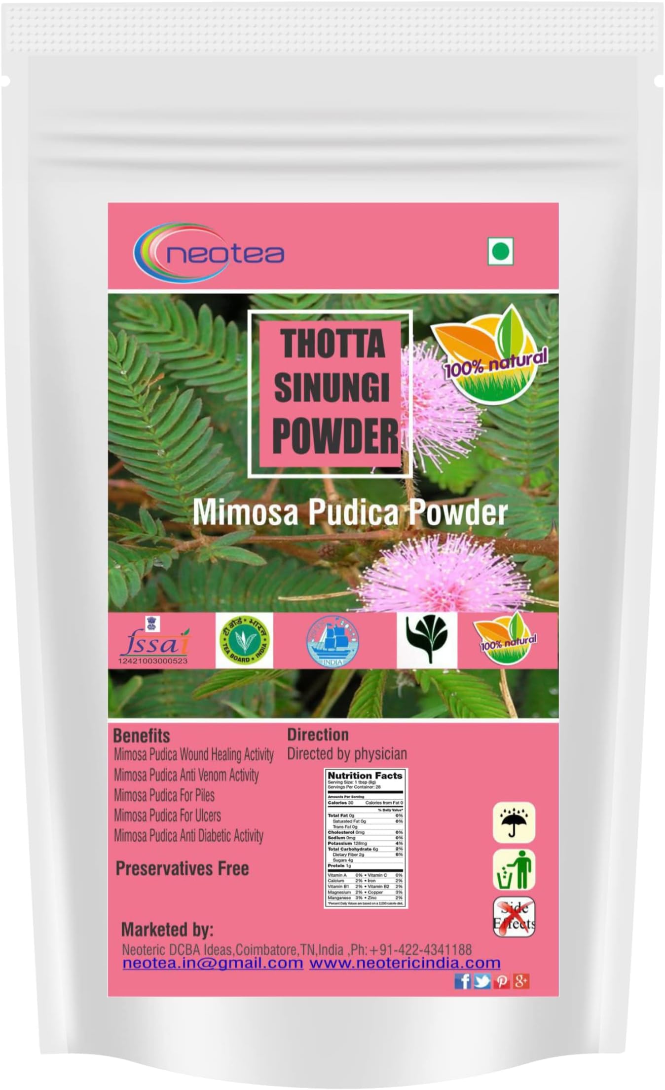 neoteaneotea Thotta Sinungi Powder, Thotta Sinungi Mimosa Pudica Powder, Chui Mui Lajvanti, Shy Plant, Touch Me Not, Mudatha Damara, Lajalu, Muttidare Muni, Thottavadi, Ajalikalika 50 Gm (Pack Of 10)
