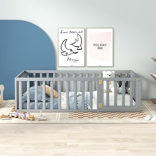 Miniatura 4 de Harper & Bright Designs Cama Montessori de suelo individual con rieles, marco de madera con valla y puerta, para niños y niñas (tamaño individual,