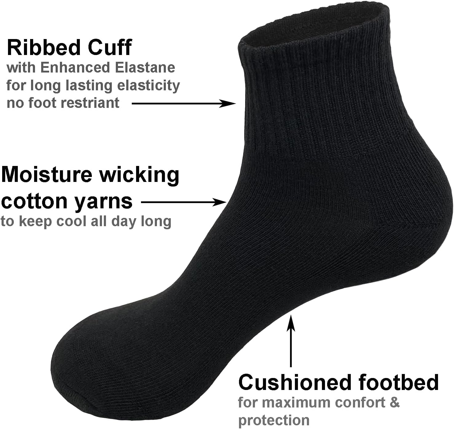 Glory Max 6 Pairs Men Cotton Solid Athletic Ankle Quarter Socks with Cushioning - Image 2