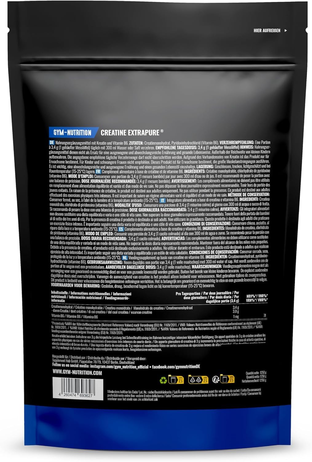 Creatina Monoidrata Polvere Extrapura - 1,25 kg (367 Porzioni) con Vitamina B6 - Vegan e Prodotta in Germania - Creatine Monohydrate Powder
