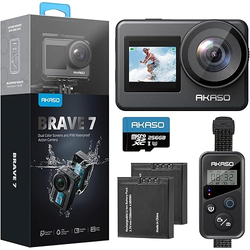 AKASO Brave 7 Action Camera 4K30FPS 20MP with 256GB U3 MicroSDXC Memory Card, Waterproof Camera with Touch Screen IPX8 33FT EIS 2.0 Zoom Support External Mic Voice Control with 2X 1350mAh Batteries