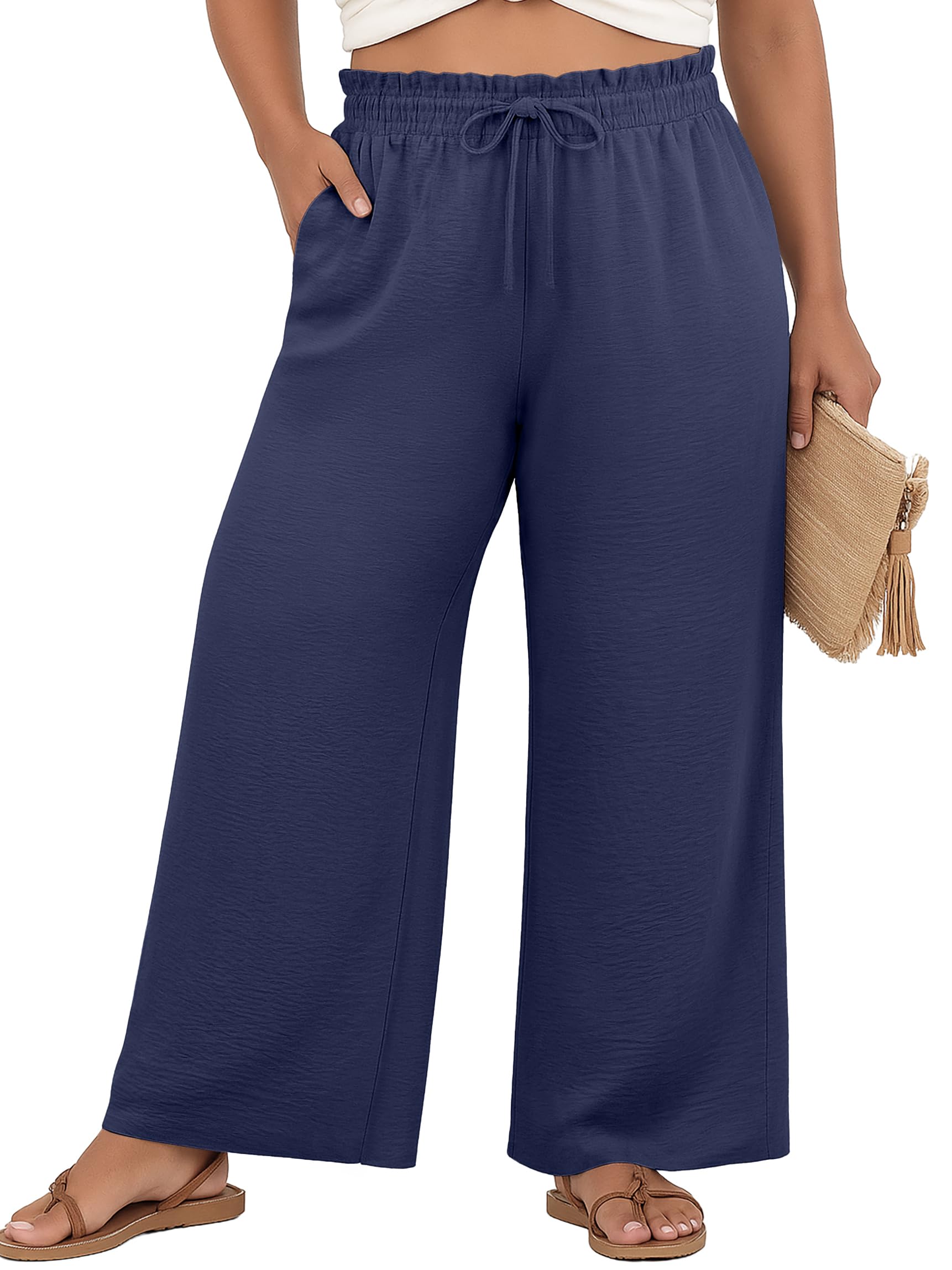 OLRIK Plus Size Wide Leg Pants for Women Casual Loose High Waist Pleated Lounge Pants Summer Trousers Dark