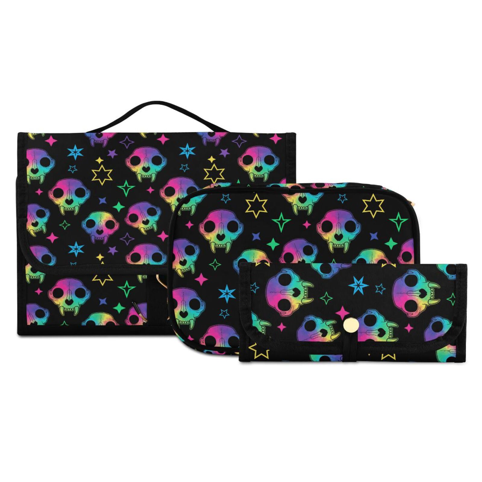 MNSRUU Toiletry Bag Rainbow Style Skull Hanging Makeup Travel bag for Toiletries 3 PCS Toiletry Organizer Bags Portable Clear Toiletry Kit