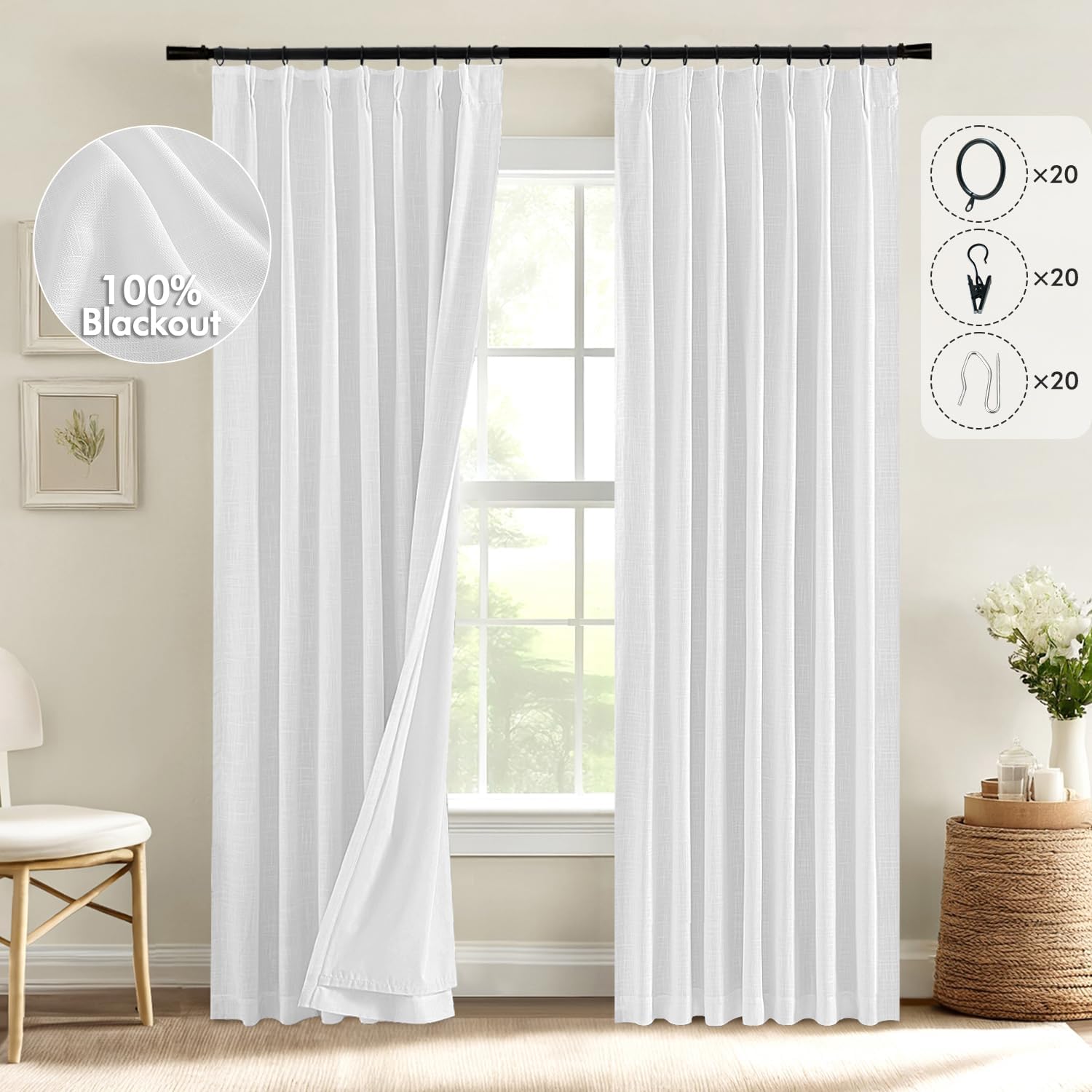 MIULEE White Pinch Pleated 100 Blackout Linen Curtains for