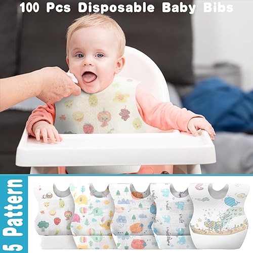Miniatura 6 de Shinymoon 100 Pcs Disposable Baby Bibs Individual Wrapped Travel Bibs Waterproof Food Catcher for Toddlers Girls Boys Feeding