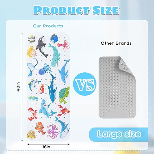 Miniatura 3 de Tapete de baño para bebé para bañera antideslizante, extra largo de 40 x 16 pulgadas, tapete antideslizante con ventosas y orificios de drenaje,