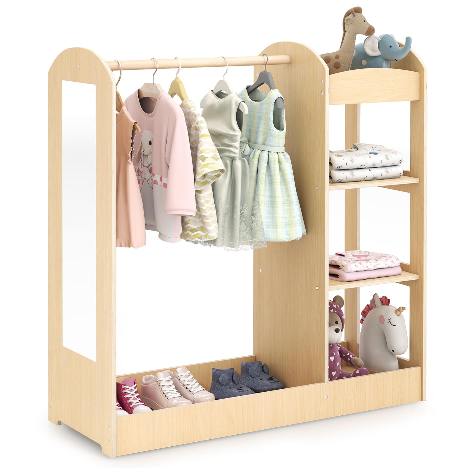 RELAX4LIFE Organizer Armadio per Bambini con Specchio, Appendiabiti e 4 Ripiani Aperti, Appendiabiti per Bambini per Cameretta, 93,5x38x100cm (Pink) (Naturale)