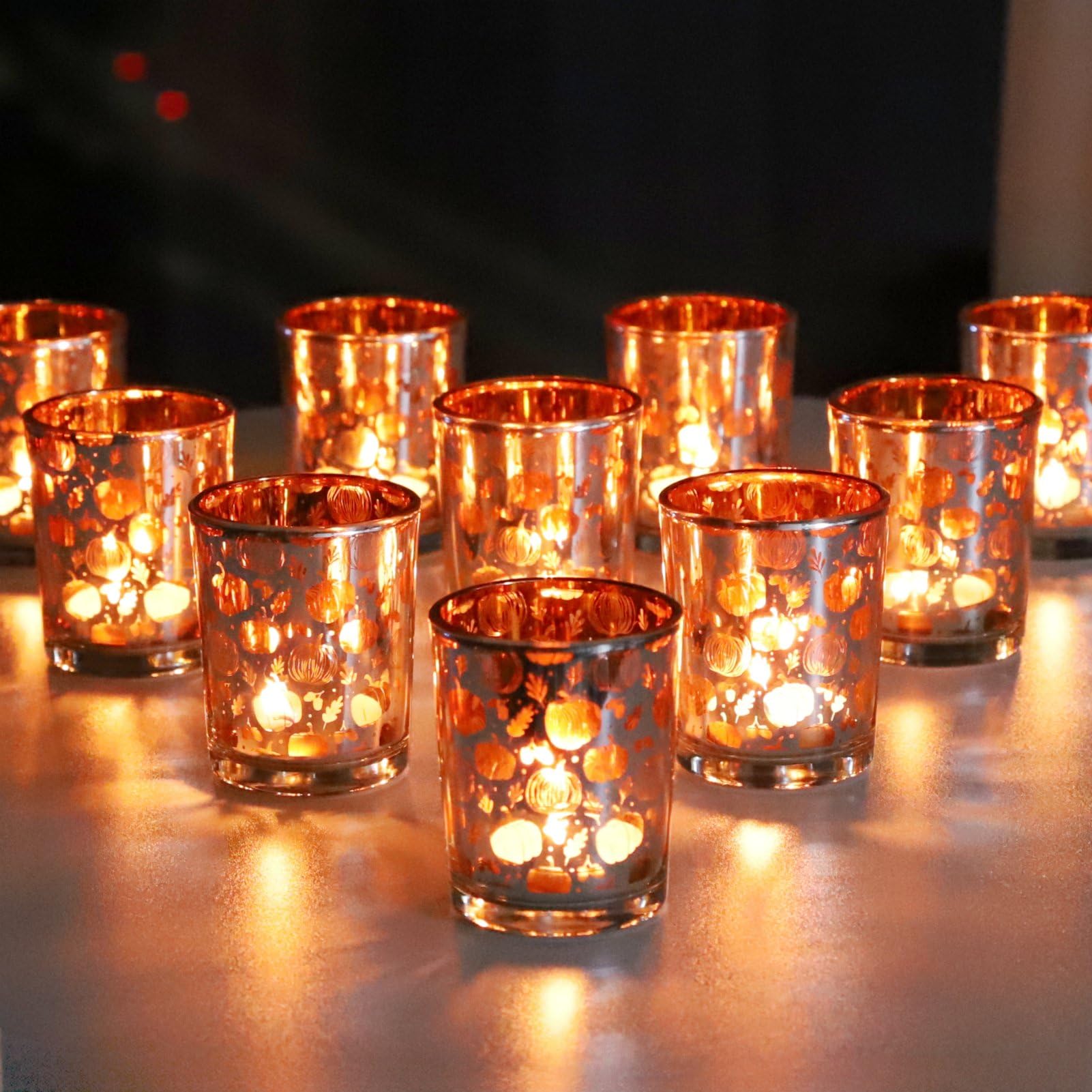 12Pcs Pumpkin Tealight Holders Glass,Silver Tea Light Holder for Fall Decor