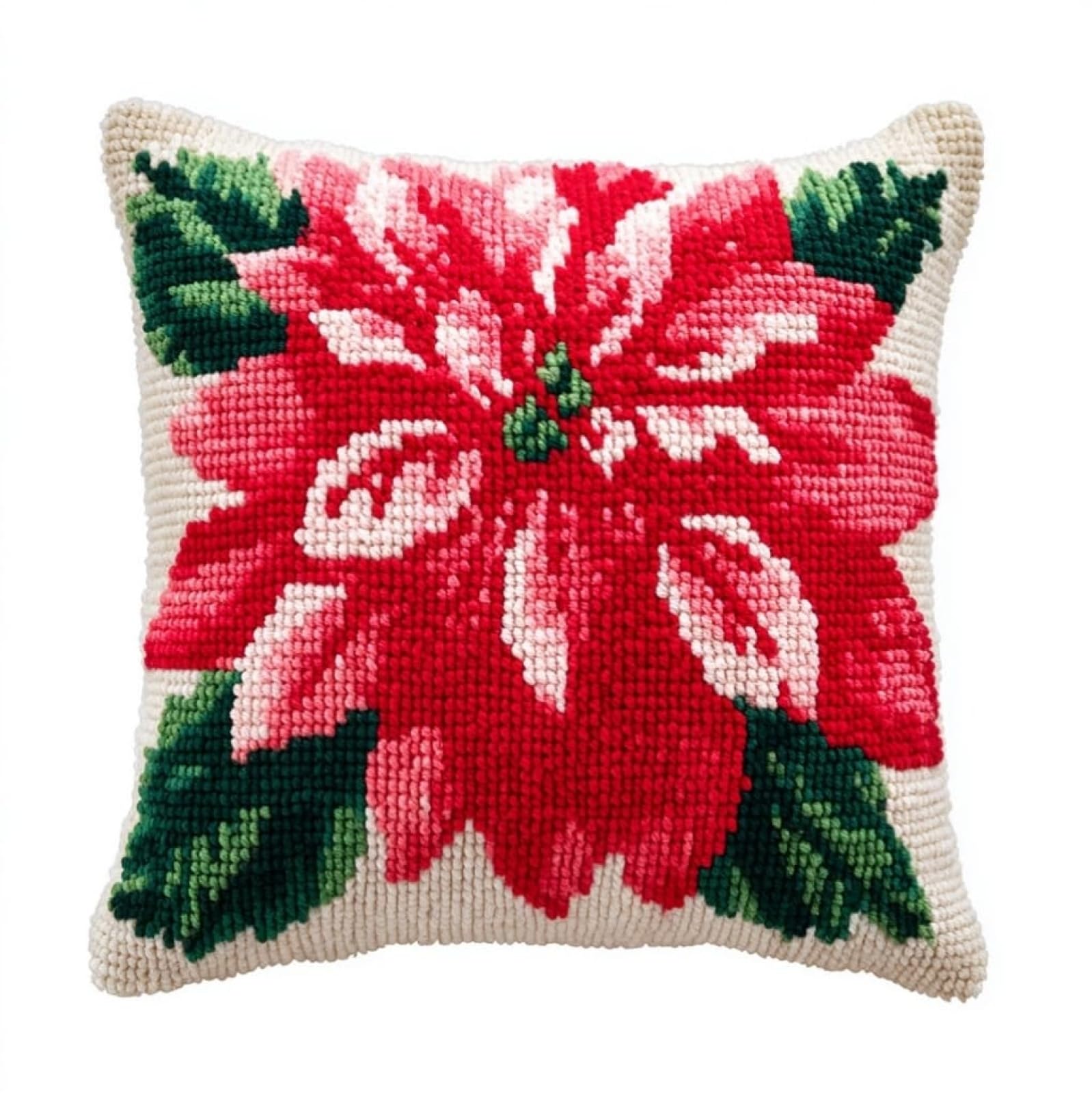 Axiangzik Diy Latch Hook Kits 43X43cm,Christmas Poinsettia Flowers Latch Hook Embroidery Kits Cross Stitch Sofa Cushion Cover With Tool Fit For Beginner And Adults