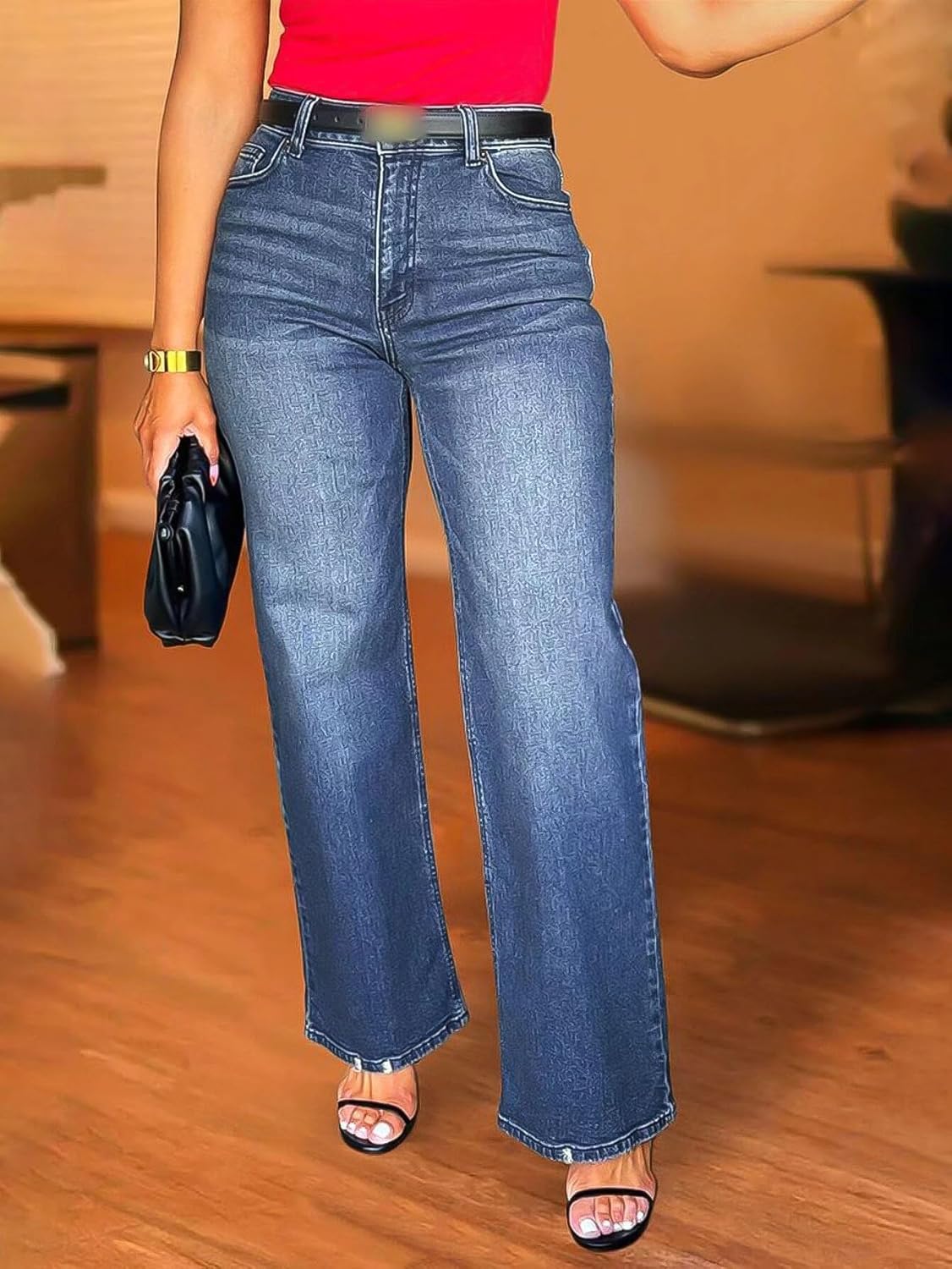 Flamingals Wide Leg Jeans for Women Mid Waist Baggy Stitch Decor Denim Washed Pants Without Belt