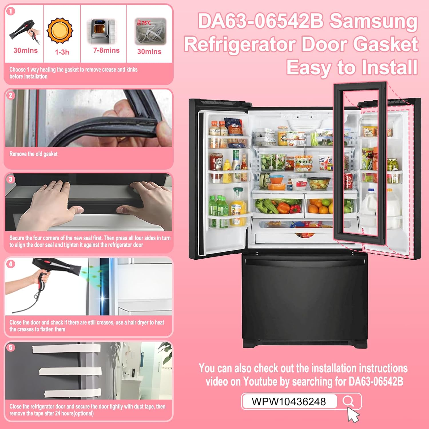 LXun Upgraded DA63-06542B Refrigerator Door Gasket Compatible with Samsung Refrigerator Parts for Samsung Freezer Door Gasket Part DA97-07191B 2037886 AP5305276 PS4151583 EAP4151583