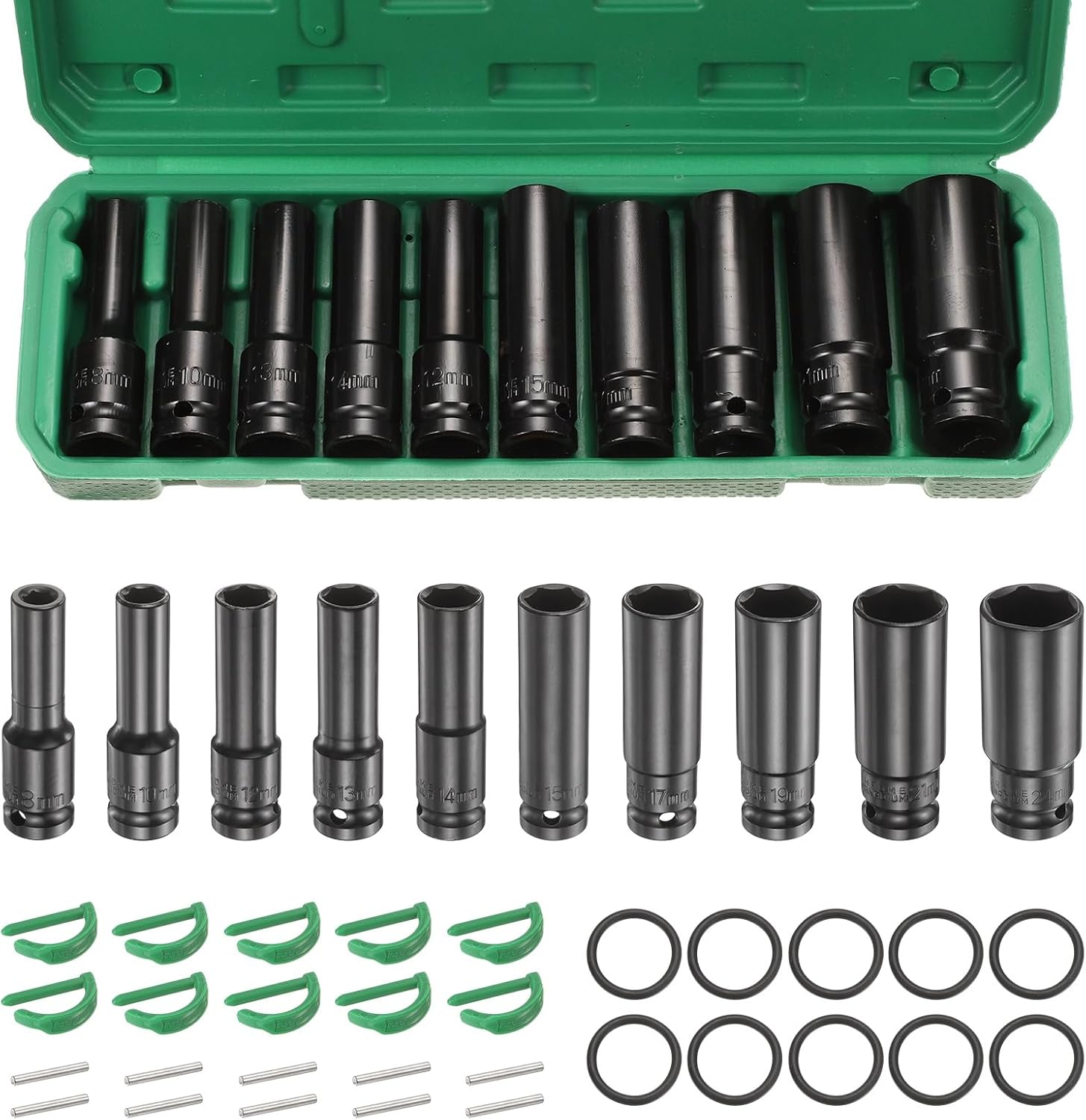 HARFINGTON 10pcs 6 Point Deep Impact Socket Set 1/2" Drive 8-24mm Metric Standard Socket Cr-Mo Steel Spindle Axle Hex Nut Bolt Sockets with Rubber Ring Locking Pin