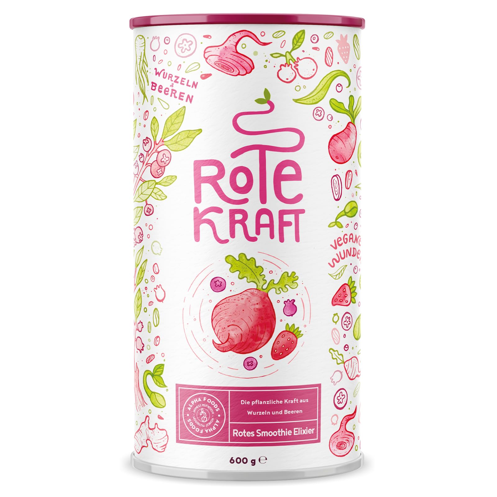 Rote Kraft | Smoothie Pulver | 600g | mit Wurzeln & Beeren u.a. Maca, Kurkuma, Guarana, Yerba Mate, Himbeeren, Açai, Goji Beeren | Alternative zu Kaffee - Alpha Foods