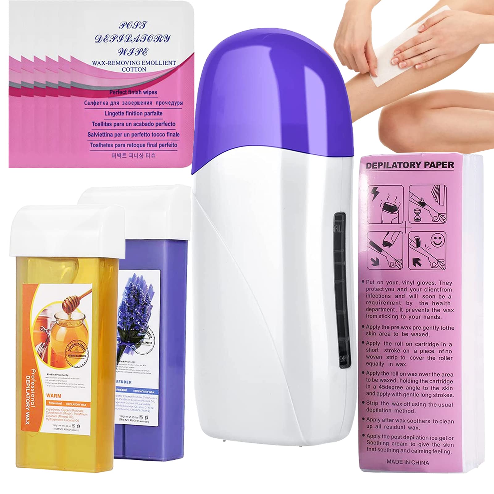 Roll on Wax,Roller Waxing Kit Including 2 Wax,100 Non-Woven Wax Strips & Blue Roll on Wax,6 packs of de-greasing wipes,Wax Kit for Larger Areas of the Body(blue)