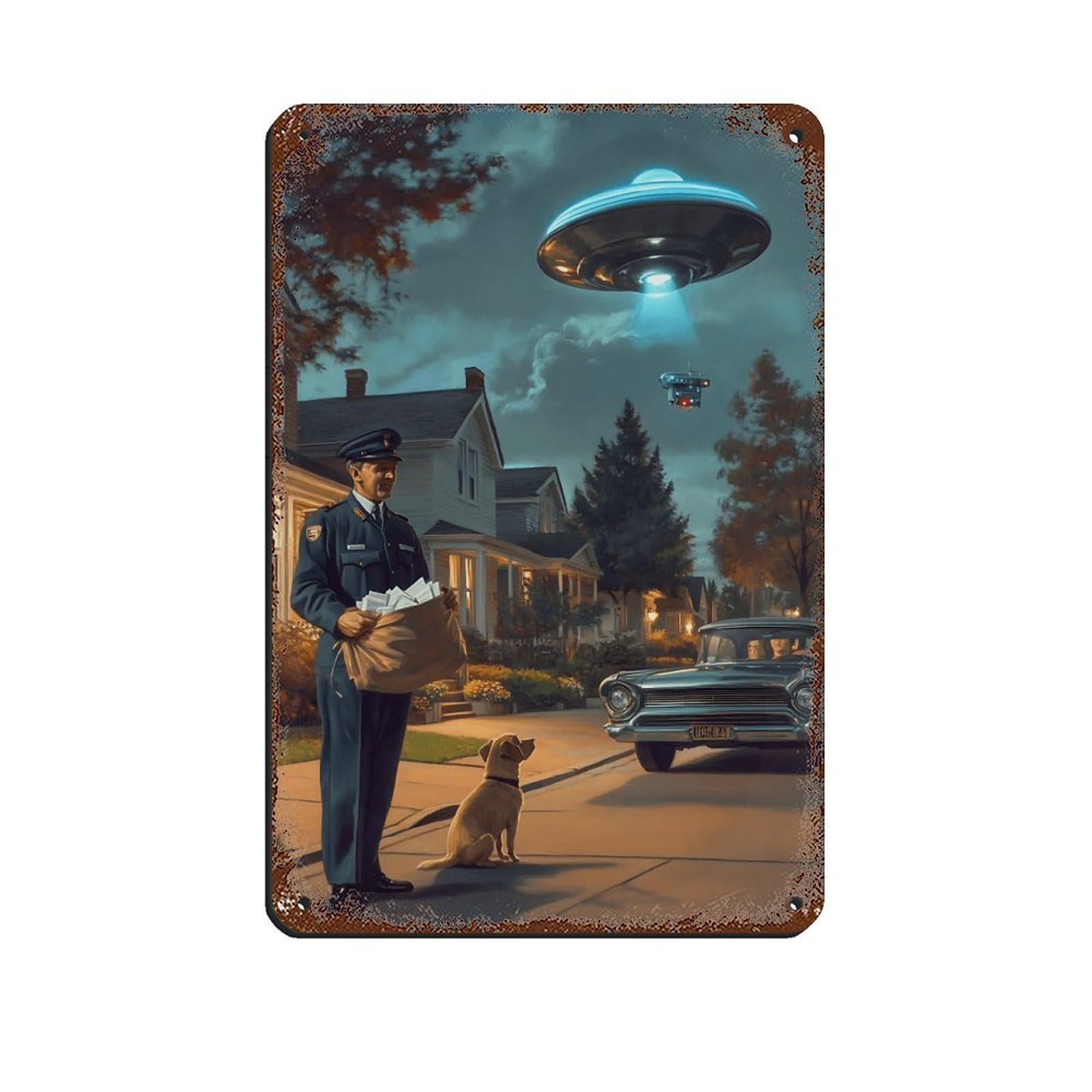 Vintage UFO Encounter, Retro Sci-Fi Retro Poster Metal Tin Sign Chic Art Retro Iron Painting Bar People Cave Cafe Family Garage Poster Wall Decoration 8x12inch(20x30cm)