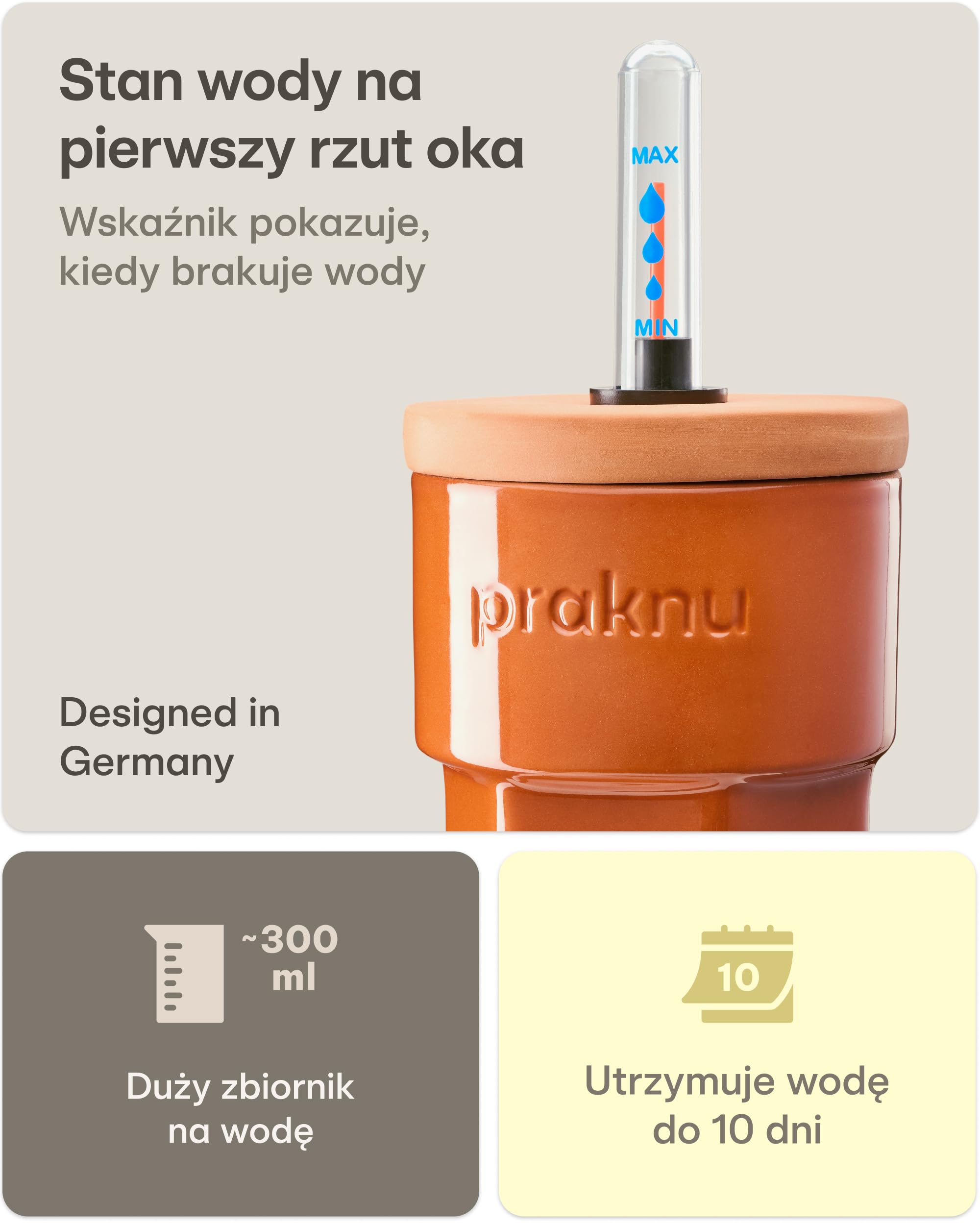 Praknu 3 x Stożki Gliniane do Nawadniania z Pokrywką i Wskaźnikiem Poziomu Wody – do 10 Dni Automatycznego Podlewania – Łatwe Czyszczenie – Dozownik Wody na Czas Urlopu | Łatwe czyszczenie, automatycznie zasila rośliny pokojowe na urlopie, do użytku w pom