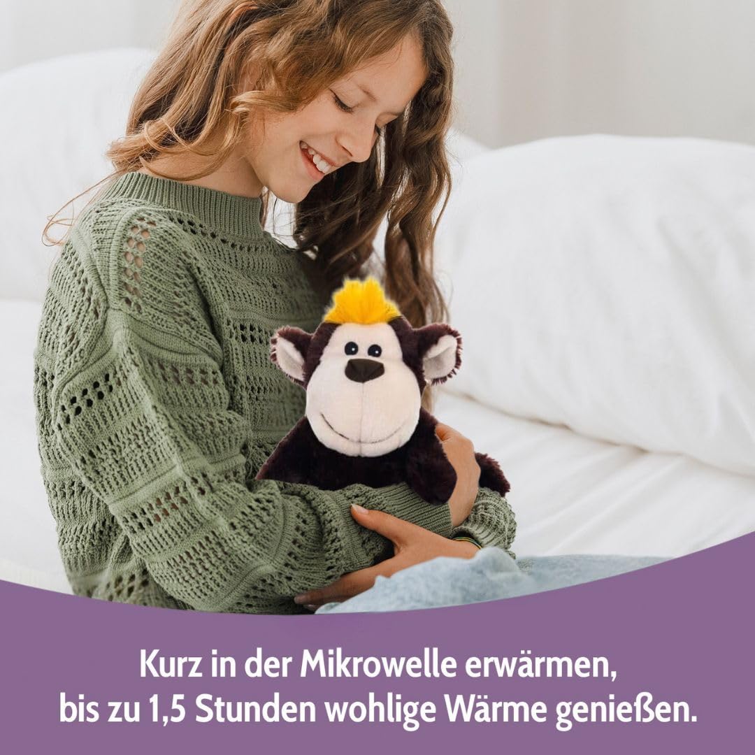 Habibi Plush Cuscino termico per bambini e adulti – 1835 scimpanzé e scimmia con riempimento di miglio, peluche termico per riscaldare nel forno a microonde e forno, ideale anche per bambini