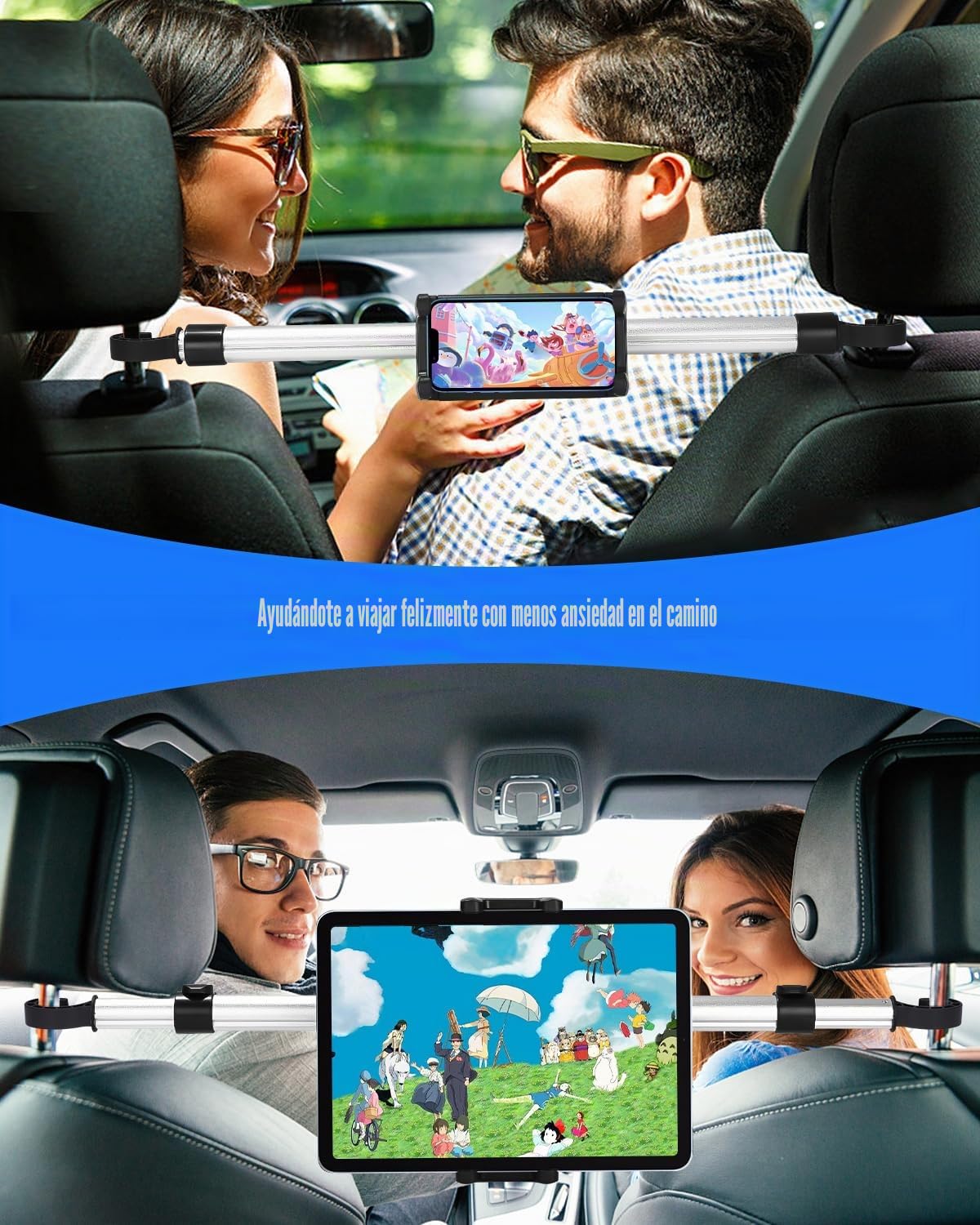 Soporte de metal para tablet para coche, antivibración, con 4 ganchos para el asiento del coche, soporte universal ajustable para tablet de 4,5 a 13 pulgadas, iPad Mini Air Pro 12,9 11, Switch
