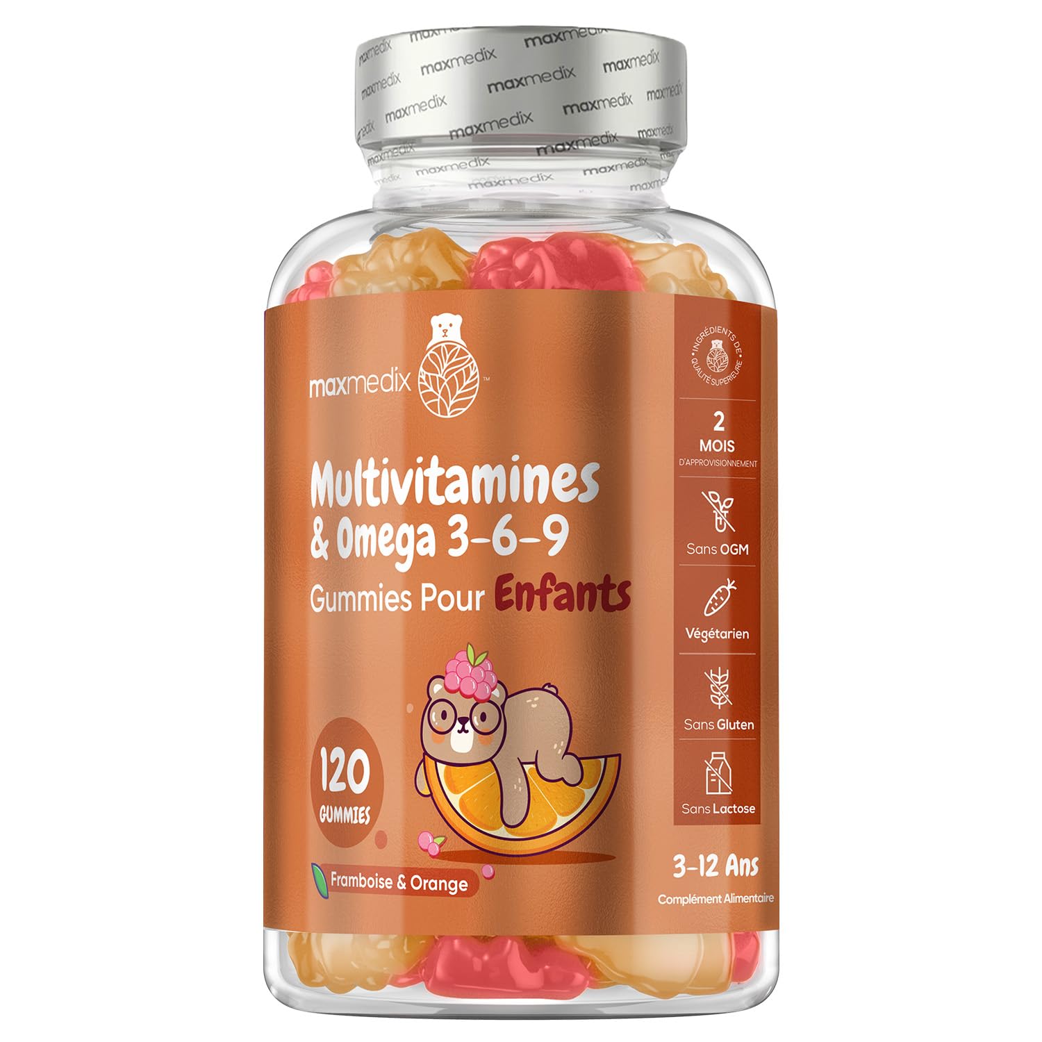 Multivitamines et Minéraux avec Oméga 3 6 9-120 Gummies Enfants Vegan - 17 Vitamines & Minéraux C, D, B12, B6, A et Zinc - Multivitamines Enfants dès 3 Ans Goût Framboise & Orange Faibles en Sucre