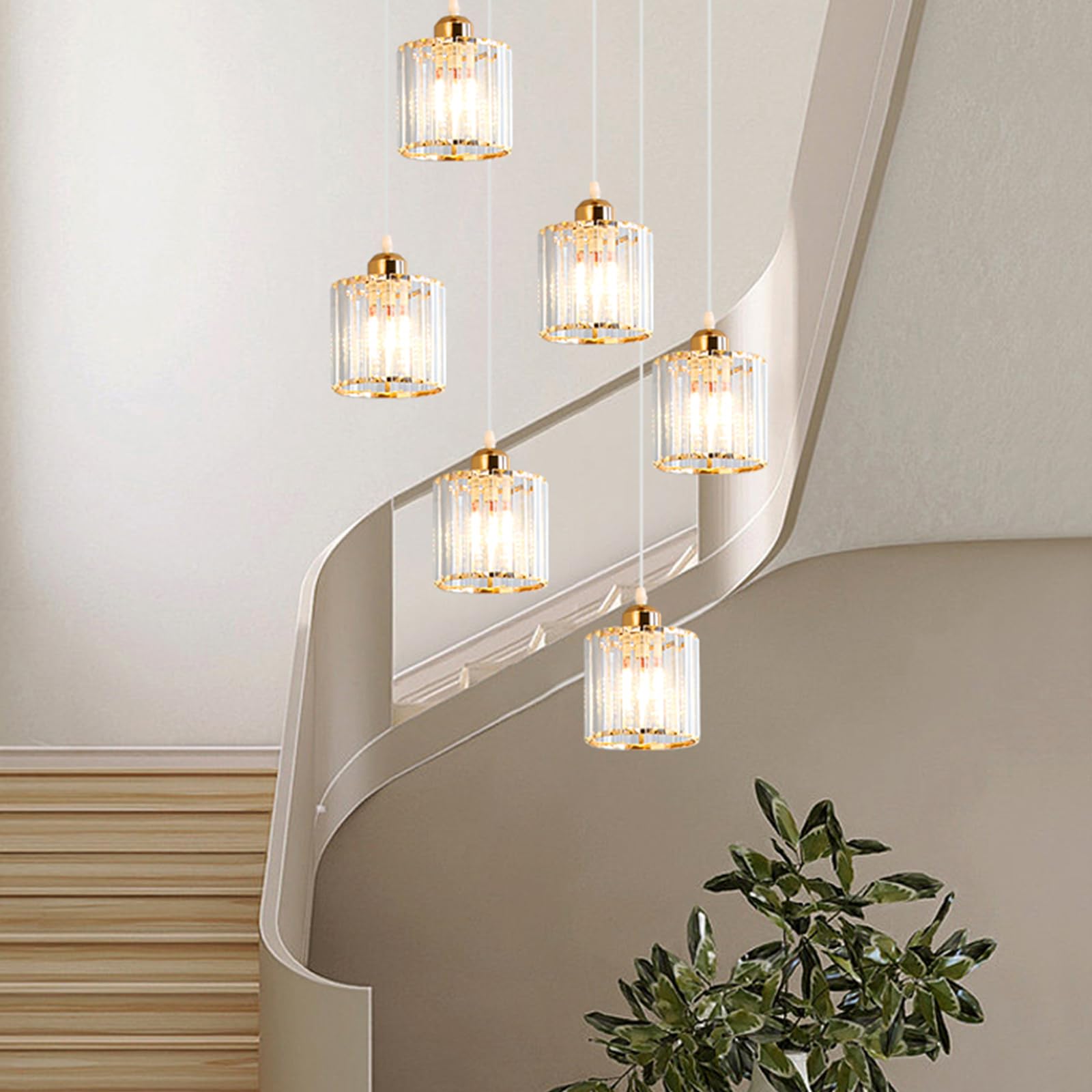 SXECAEPS 6 Glass Ball LED Chandelier, Staircase Pendant Light, Crystal Lamp,Adjustable Length Chandeliers, Long Chandelier in The Villa, Stairwells and Living Room,Tricolor Light,6 Heads