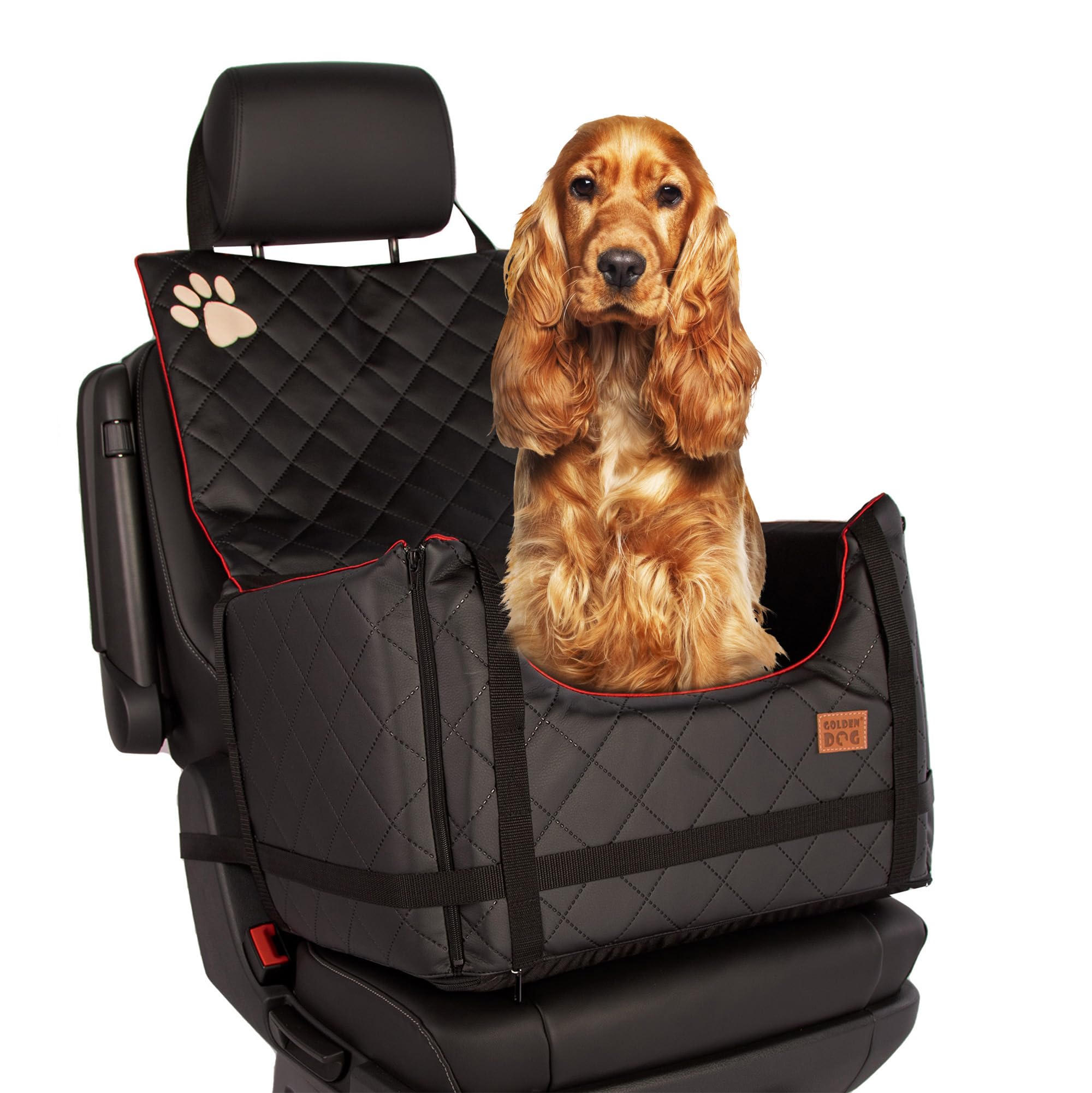 Golden Dog - Transportbox Hund mit Sicherheitsgurt L-65x53x27 cm - Leder Imitation Autositz Hund, Wasserdicht Hundesitz Auto - Beifahrersitz Hundebox Faltbar - Anschnallgurt Hundekorb Auto,Schwarz