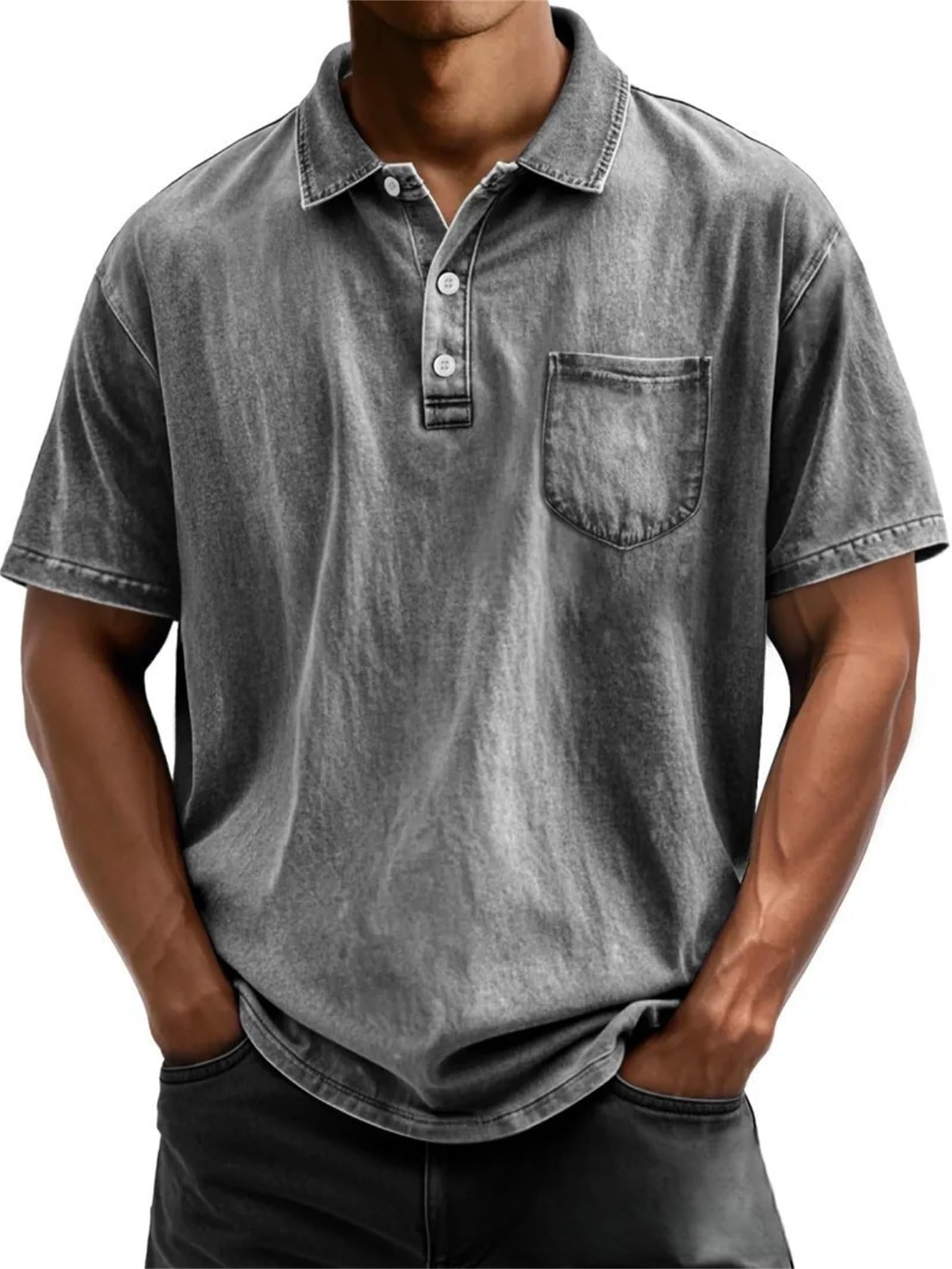 Mokaloha Camicie da uomo vintage Henley lavate e usurate in cotone con colletto e tasca