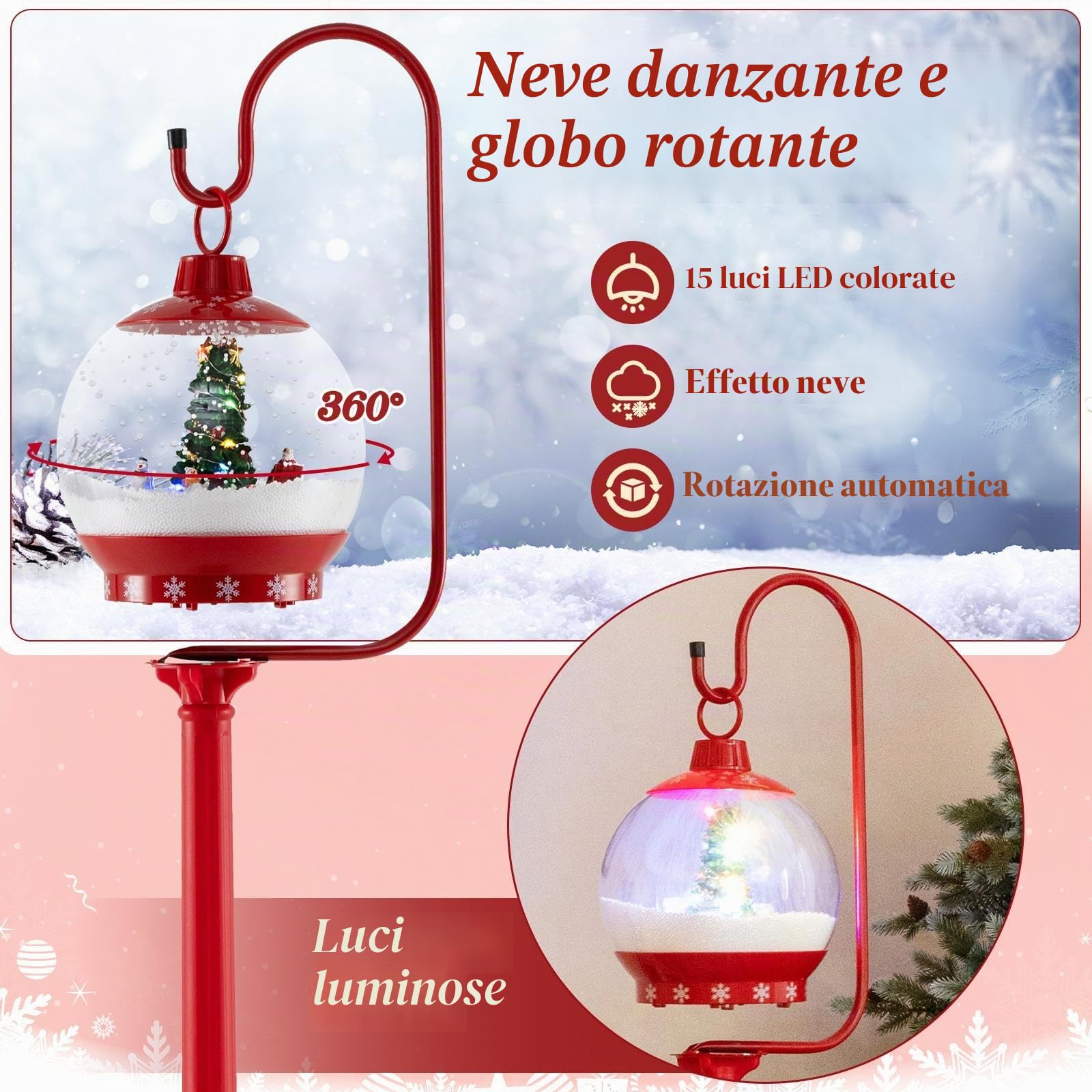 SOARS Decorazioni Natalizie, Lampione Natalizio con Neve 170 CM, Musica, Lanterna Natalizia Sfera di Cristallo Girevole a 360°, Fiocchi di Neve, Albero di Natale, Addobbi Natalizi per Esterno Interno