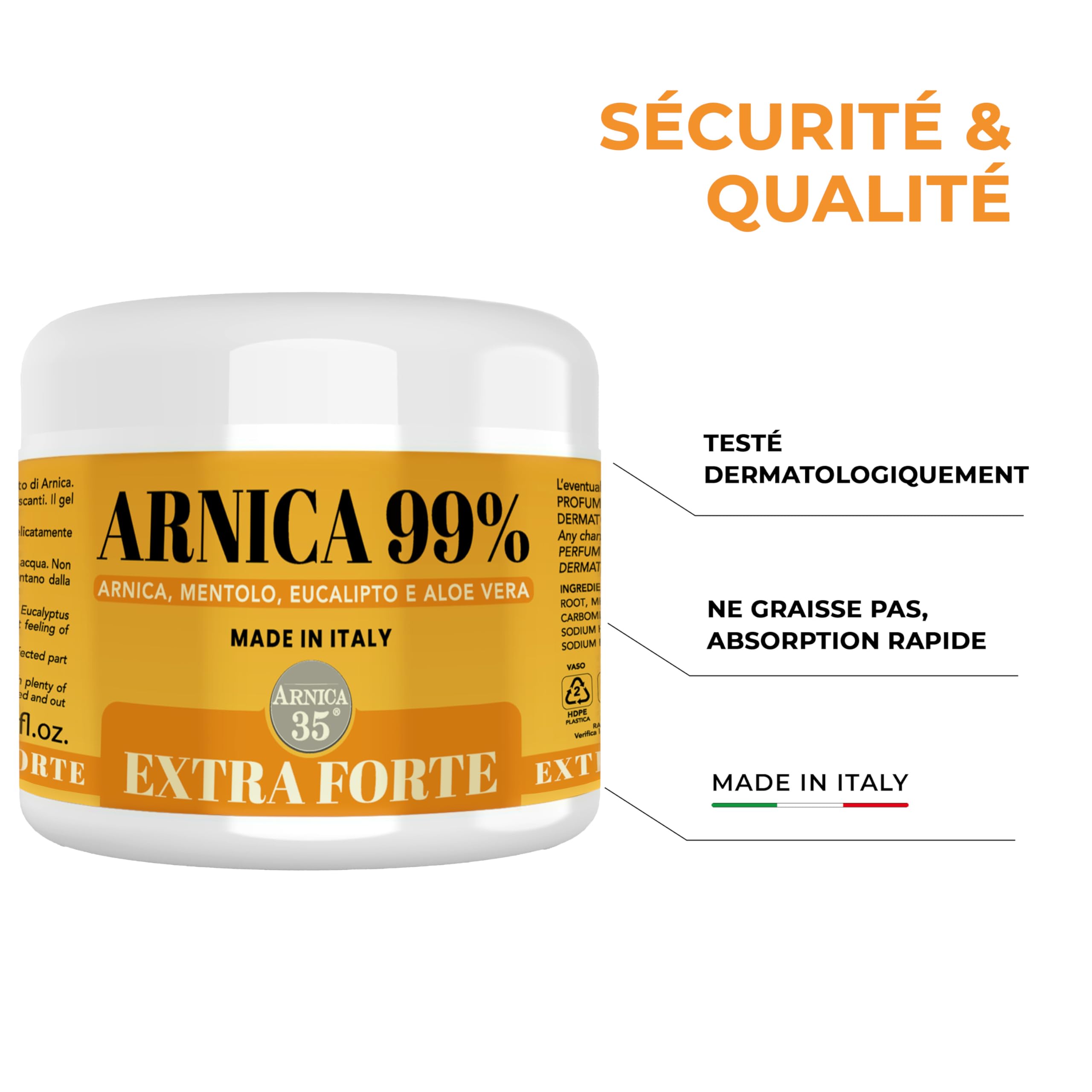 Arnica 35 – Gel d’Arnica Extra Fort 99%, Effet Rafraîchissant 500 ml, Procure du Confort aux Muscles, Articulations, Gel-Crème de Massage au Menthol, Eucalyptus et Aloe Vera, Made en Italie