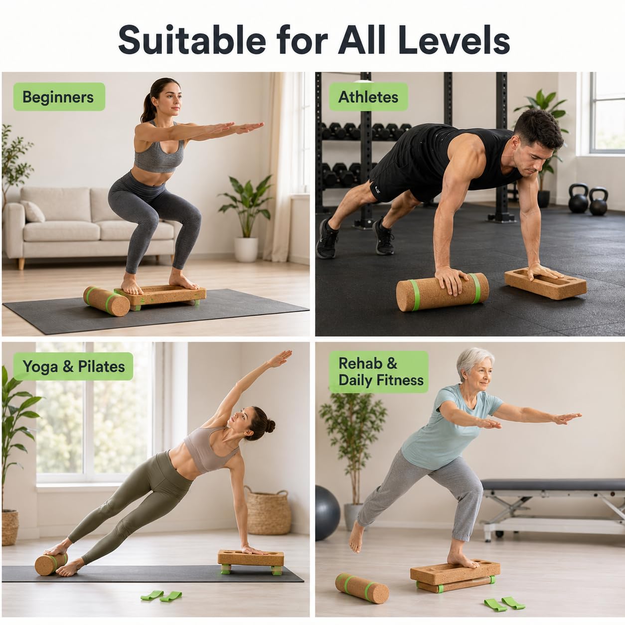 Cork Balance Board 4-in-1 Set with Roller, Massage Ball & Toe Resistance Bands for Foot Strength, Natural Cork,Ankle Stability, Core Muscles & Mobility Training,Compact Wobble Board for Home.