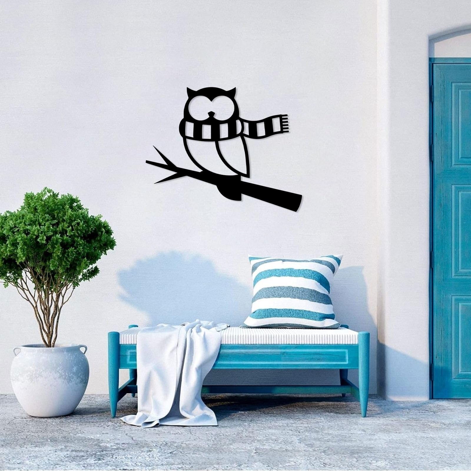 Metalowa sztuka ścienna do salonu, rzeźba gospodarstwa domowego układ sceny (61 cm) | Sowa nosząca szalik metalowy sztuka ścienna dekoracja ścienna metalowa dekoracja zewnętrzna
