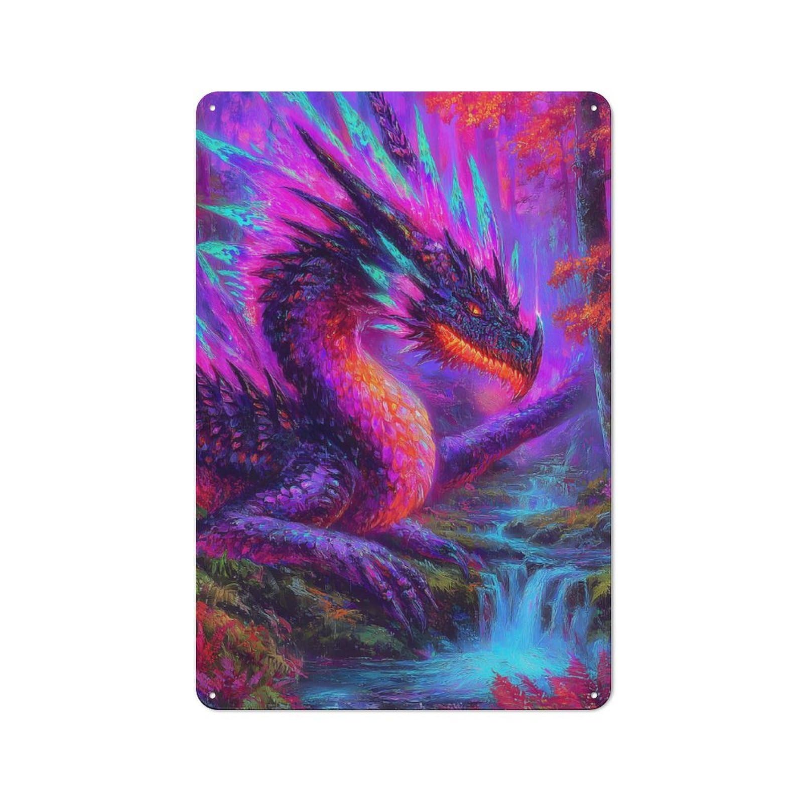 Vibrant Dragon in Fantasy Forest Vintage Metal Sign 30x20cm for Living Room Wall, Gift for Home Wall Decor Collectors during The Christmas Season