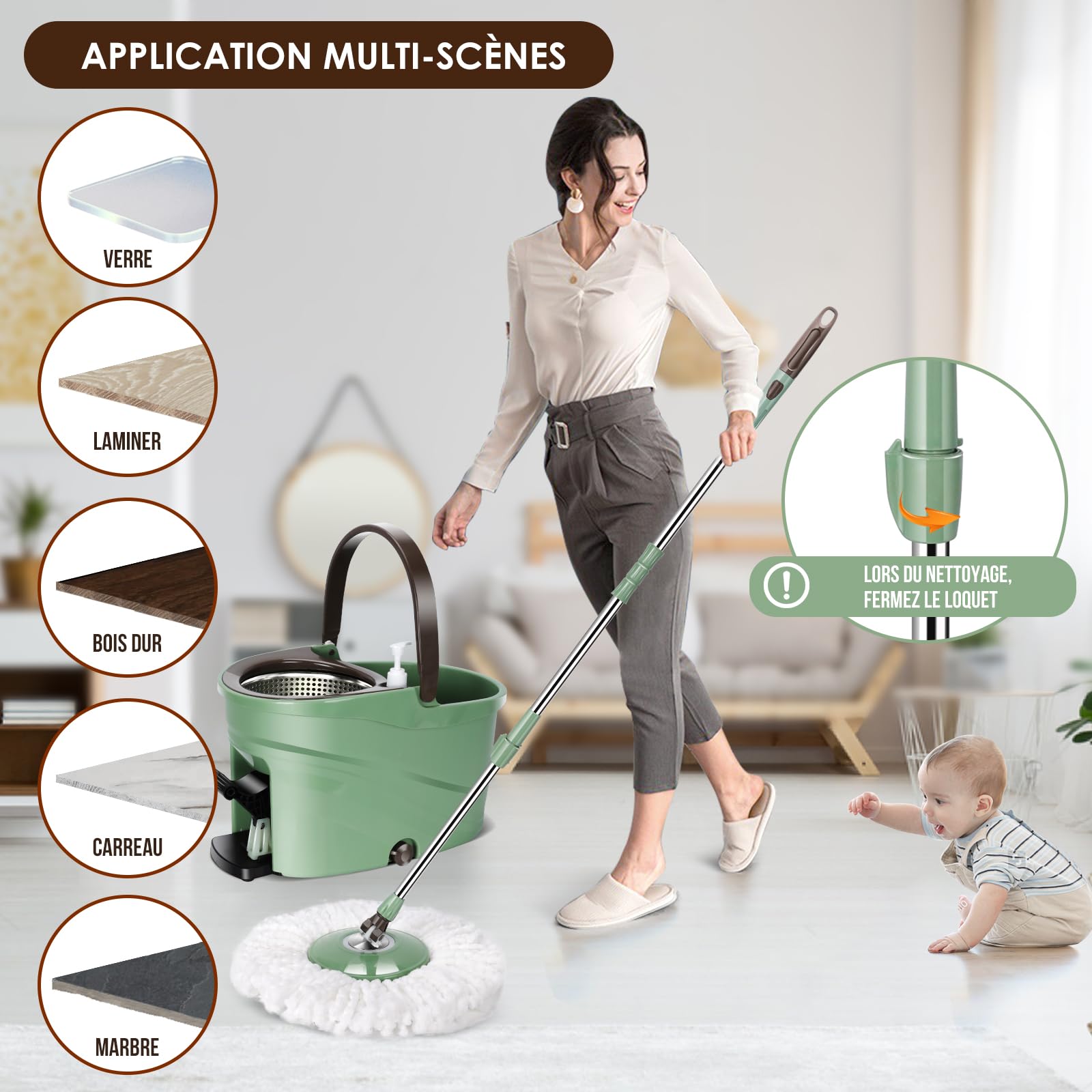 Myiosus Balai Serpillère Essoreur avec Seau, Balai Serpillere Rotatif 360°, Poignée en Acier INOX pour Nettoyage Sol - 5 Tête Réutilisable en Microfibre (Vert)
