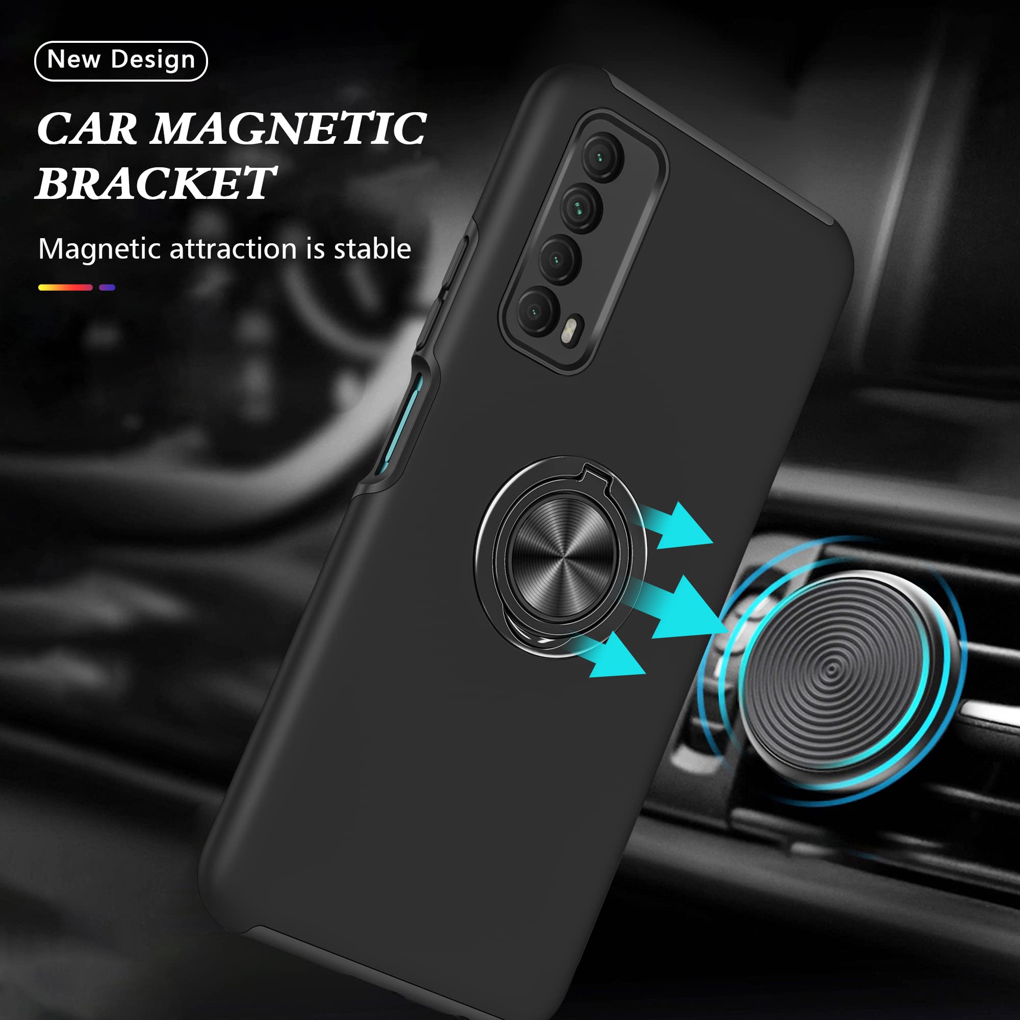 SORAKA Case for Huawei P Smart 2021 with Invisible Ring Holder and Metal Plate for Magnetic Car Mount Rigid PC Cover Huawei P Smart 2021 Case Military Grade Rugged Case Black
