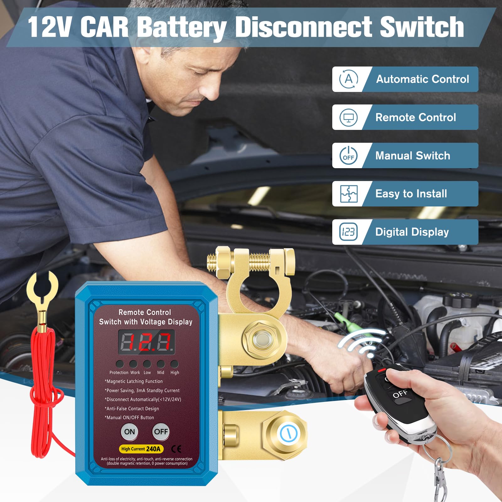 Interruttore isolatore batteria 240A 12 V telecomando con display di tensione a LED Interruttore di spegnimento automatico antifurto per auto camion barca