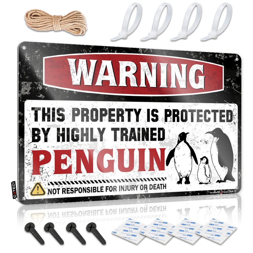 BRUNTELO Backyard Bar Decor Warning This Property Is Protected By A Highly Trained Penguin Tin Sign Metal Vintage Signs Metal Man Cave Decor(30X40CM)