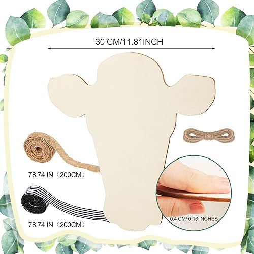 Miniatura 2 de Weysat Colgador de puerta de madera con corte de cabeza de vaca, piezas de cabeza de vaca de madera sin terminar, rebanada en blanco con cinta y