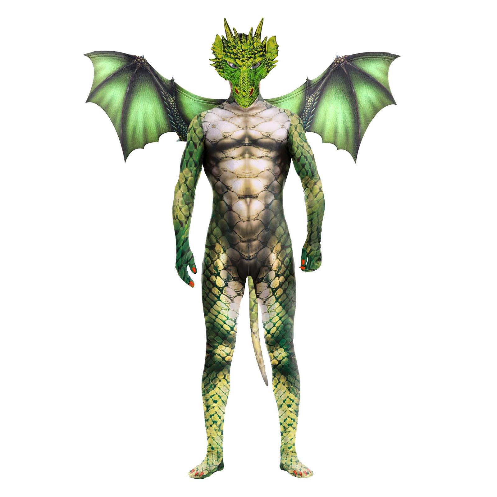 Men's Full Body Dragon Costume Bodysuit with Wings,Mask,Tail,Halloween Dragon Muscle Animal Catsuit Costume (X-Large,Green)